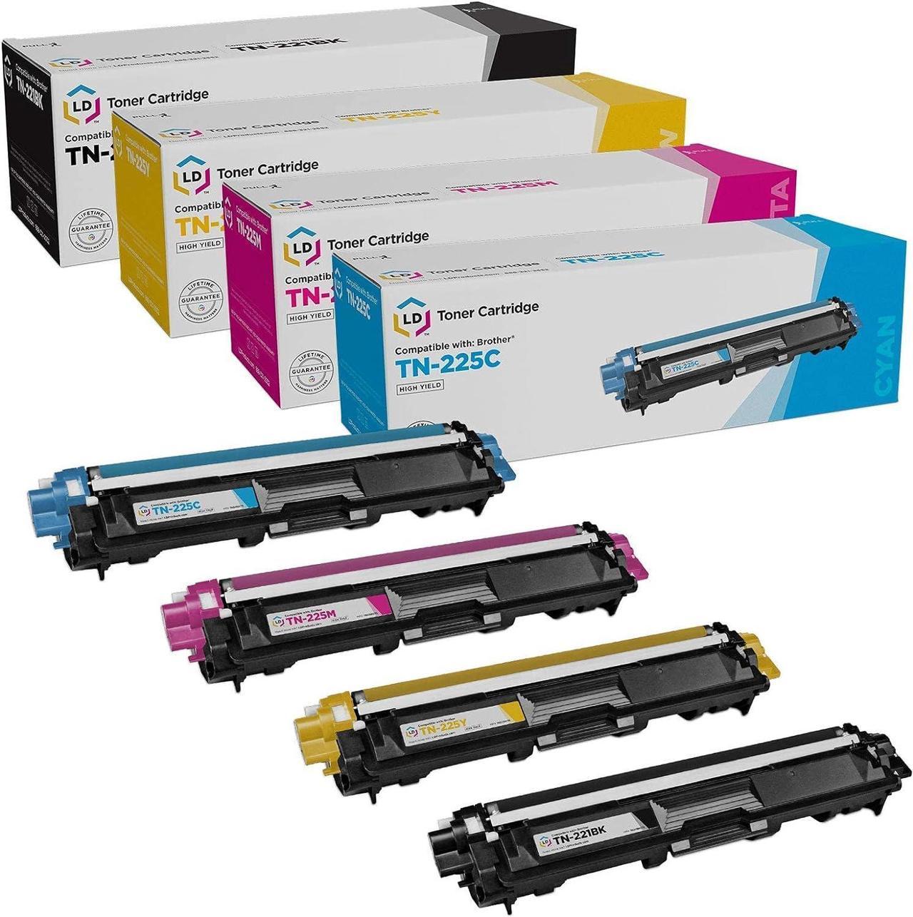 LD Compatible Toner Cartridge Replacements for Brother TN221 & TN225 High Yield (1 Black, 1 Cyan, 1 Magenta, 1 Yellow, 4-Pack)