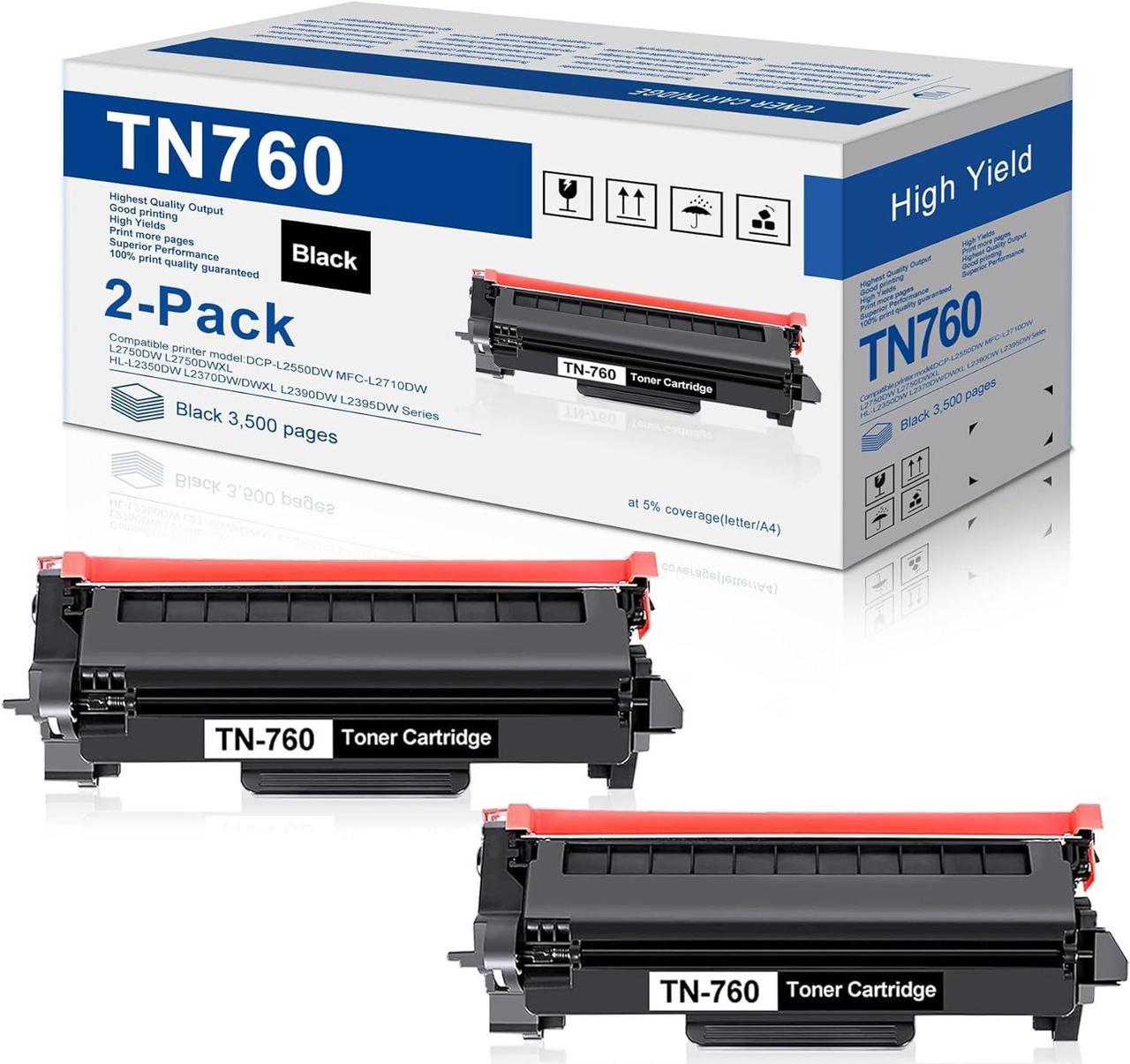 TN760 Toner Cartridge High Yield with Chip Replacement for Brother TN760 DCP-L2550DW MFC-L2710DW L2750DW L2750DWXL HL-L2350DW L2370DW L2370DWXL L2390DW HL-L2395DW Printer (Black, 2 Pack)