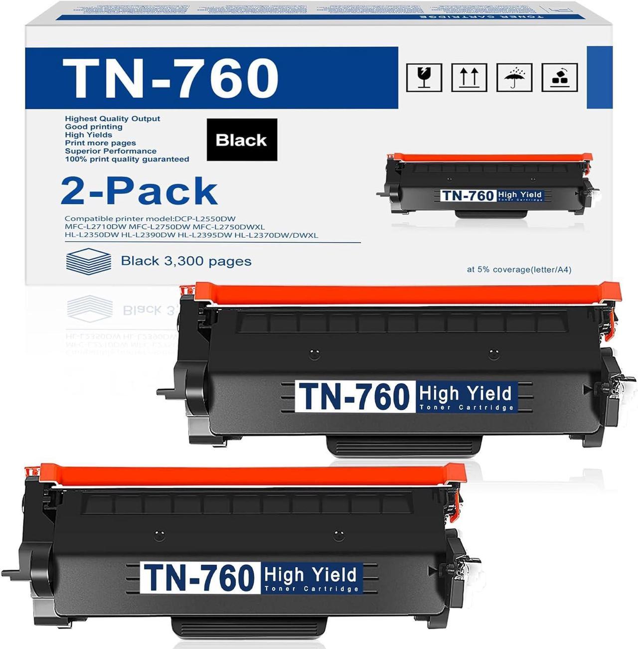 TN760 TN-760 High Yield Toner Cartridge with Chip 2 Pack Replacement for Brother TN 760 DCP-L2550DW MFC-L2710DW MFC-L2750DW HL-L2350DW HL-L2370DW HL-L2390DW Printer Ink, Black