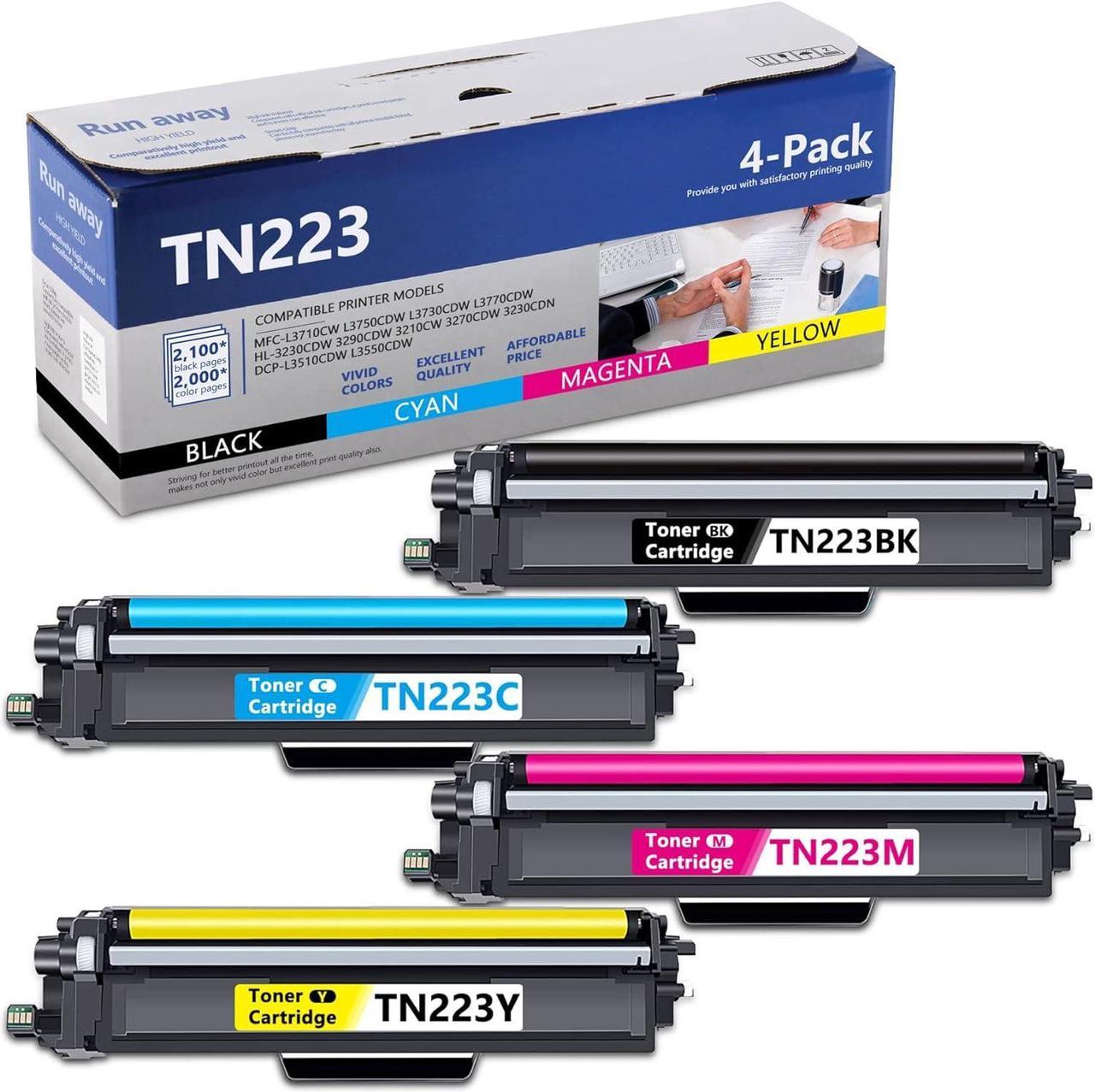 TN-223 TN223BK TN223C TN223M TN223Y Toner Cartridge Black Cyan Magenta Yellow Replacement for Brother TN223 MFC-L3710CW L3750CDW L3730CDW HL-3230CDW 3290CDW Printer Ink, 4-Pack