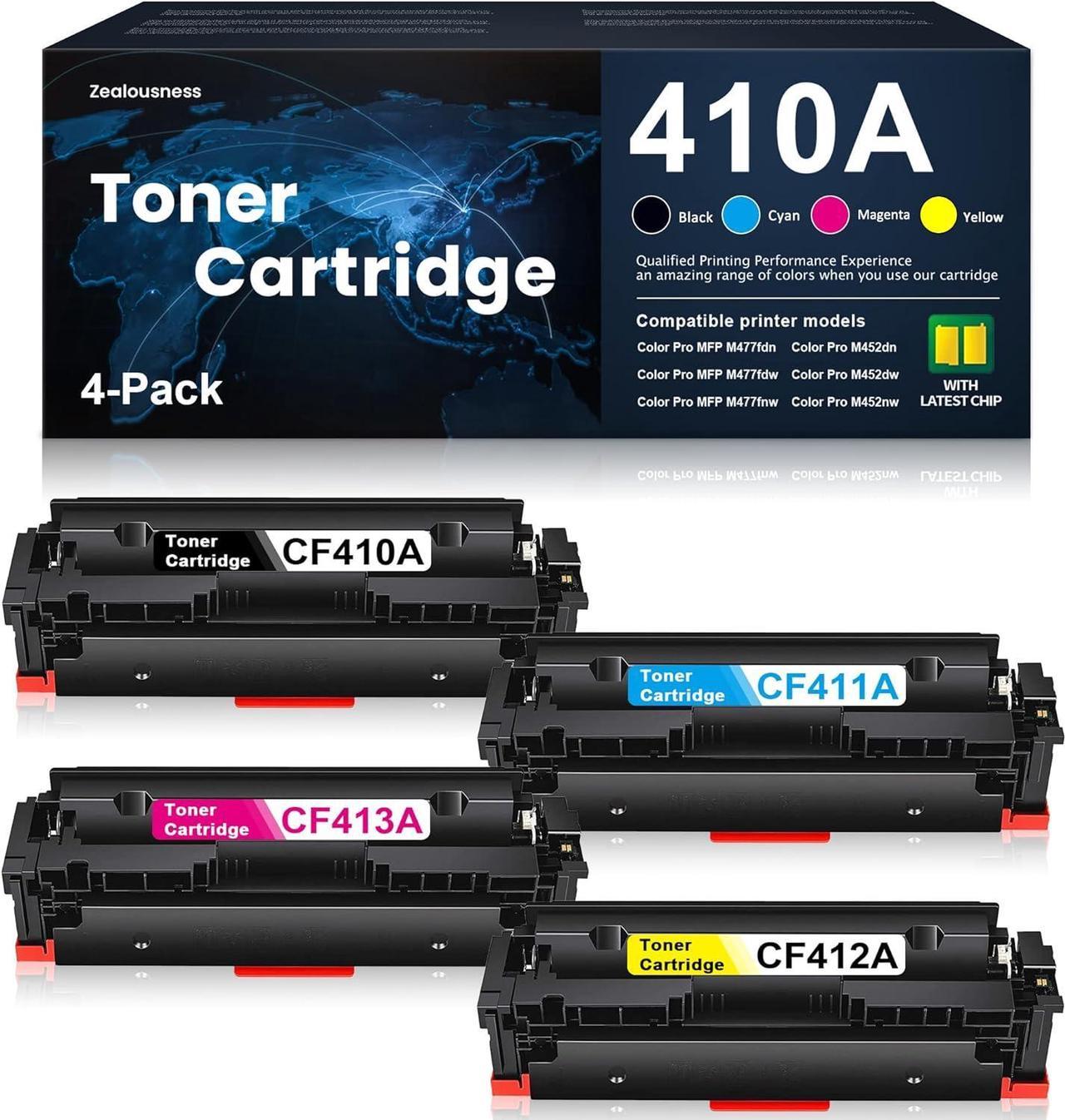 (with Chip) 410A Toner Cartridge High-Yield (4-Pack) Set, Replacement for HP 410A 410X Toner Cartridges Works with Color Pro M452dn M452nw, Pro MFP M477fdn M477fnw | CF410A CF411A CF412A CF413A