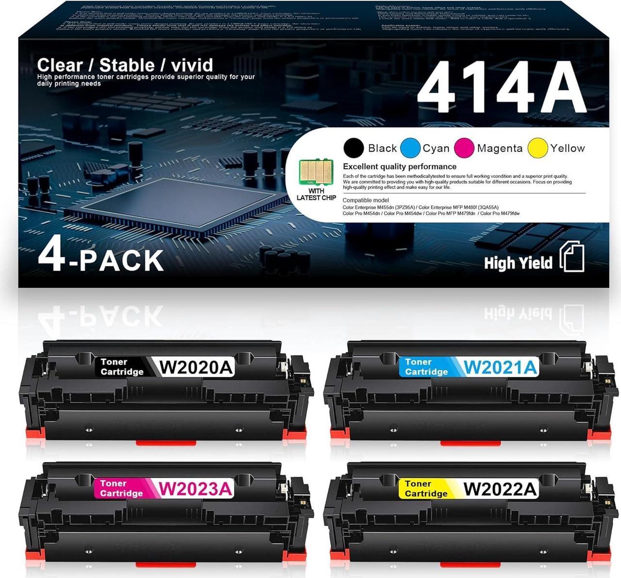 [High Yield, with Chip] 414A Toner Cartridge W2021A W2022A W2023A Replacement for HP 414A Toner MFP M480f Pro M454dn M454dw Pro MFP M479fdn Pro M479fdw Printer Ink 4 Pack(Black Cyan Magenta Yellow)