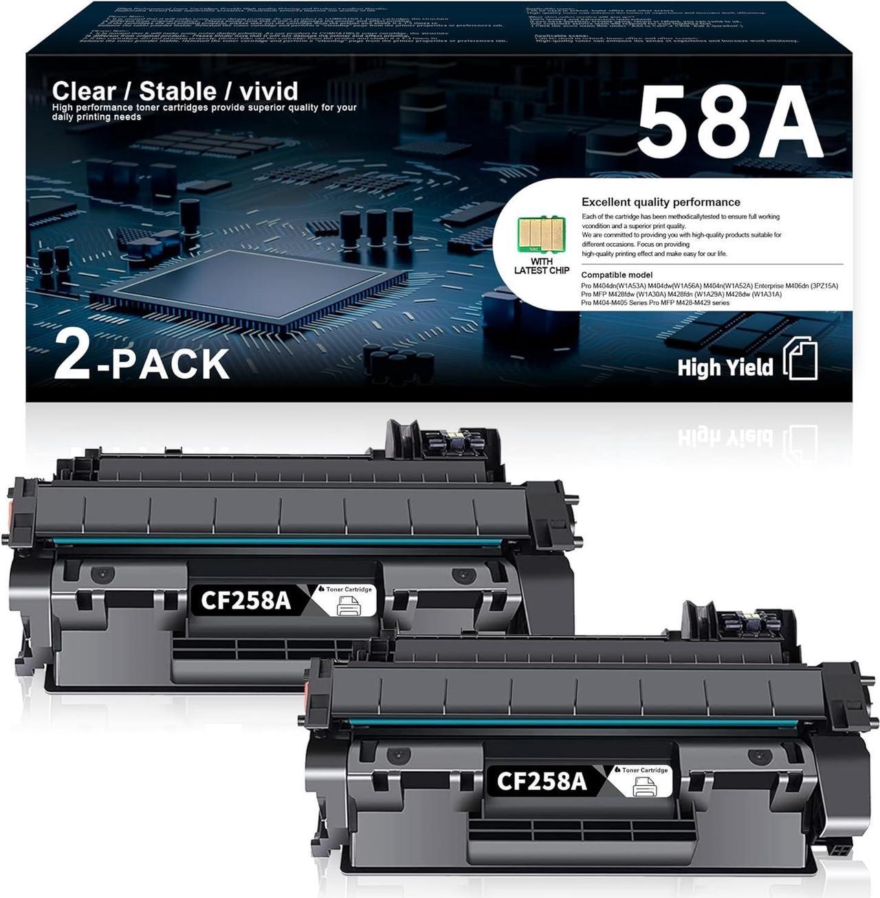 58A CF258A Toner Cartridge 2-Pack with Chip Black, Replacement for HP 58X CF258X High Yield Toner Cartridge for MFP M428fdw M428fdn M428dw M404 M428 Pro M404n M404dn M404dw Series Printer Ink