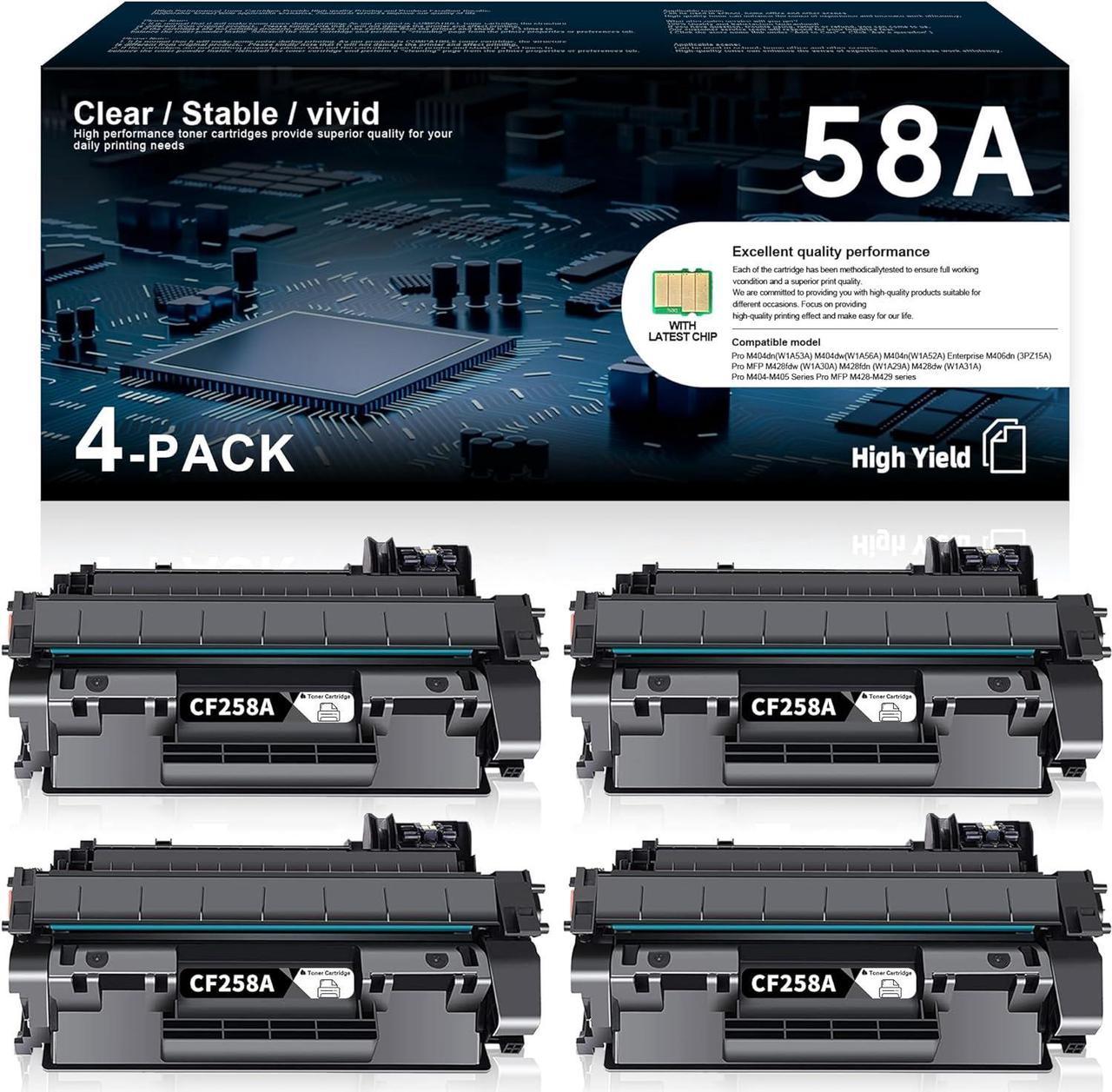 58A CF258A Toner Cartridge 4-Pack with Chip Black, Replacement for HP 58X CF258X High Yield Toner Cartridge for MFP M428fdw M428fdn M428dw M404 M428 Pro M404n M404dn M404dw Series Printer Ink