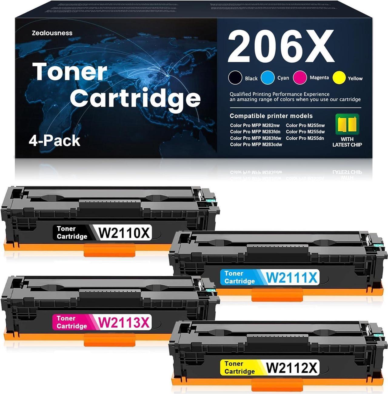 206X W2110X W2111X W2113X W2112X 206A Toner Cartridge High Yield with Chip Replacement for HP 206X 206A W2110A Color Pro M255dw M255nw M255dn MFP M283fdn M283fdw M283cdw M282nw Printer Ink, 4-Pack