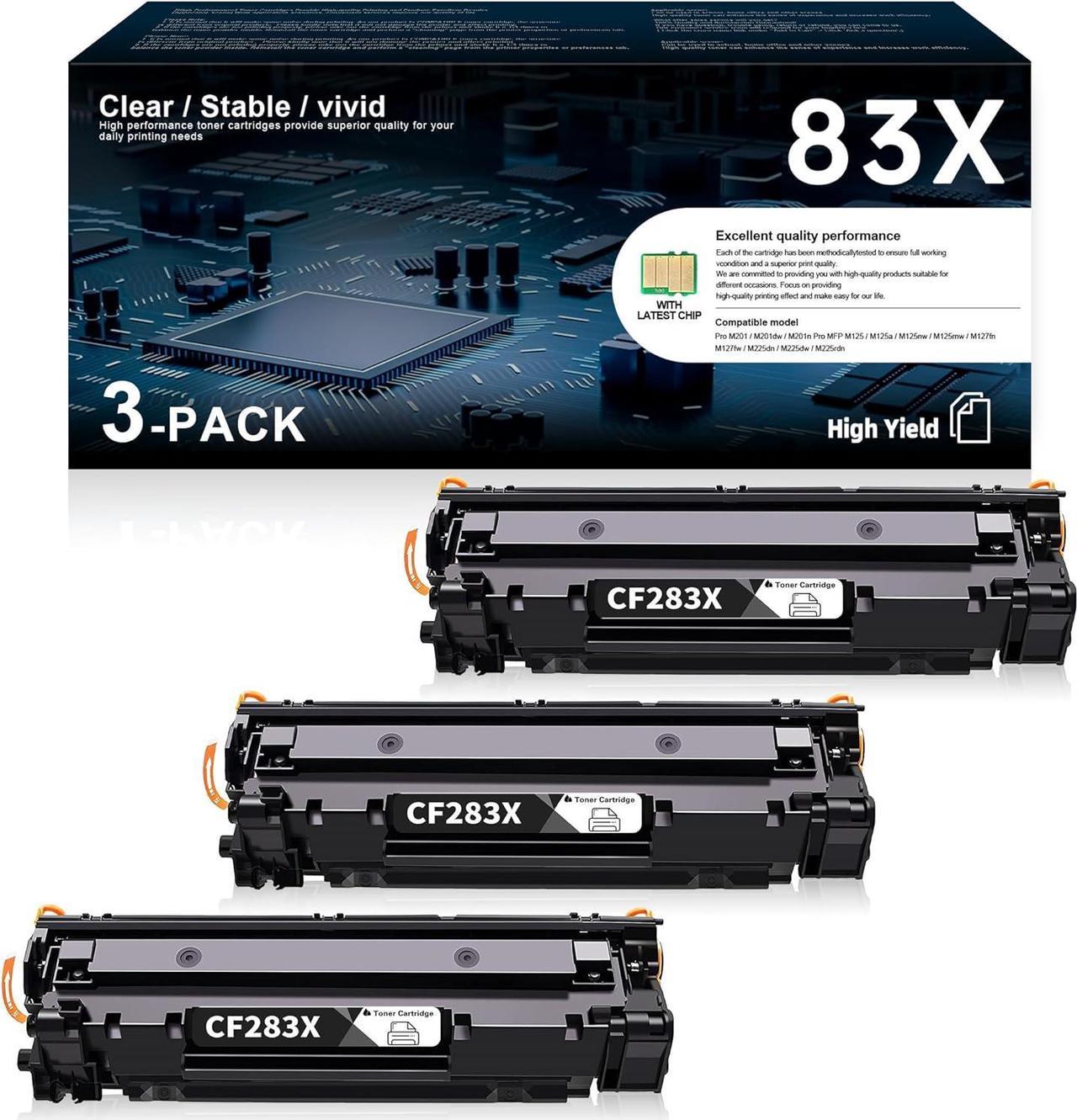 83X Toner Cartridge Black High Yield | Replacement for HP Replacement M201dw, MFP M125nw, MFP M127fn, MFP M127fw, MFP M225dn, MFP M225dw Pinter | for HP 83X Toner Cartridge CF283X Black 3-Pack