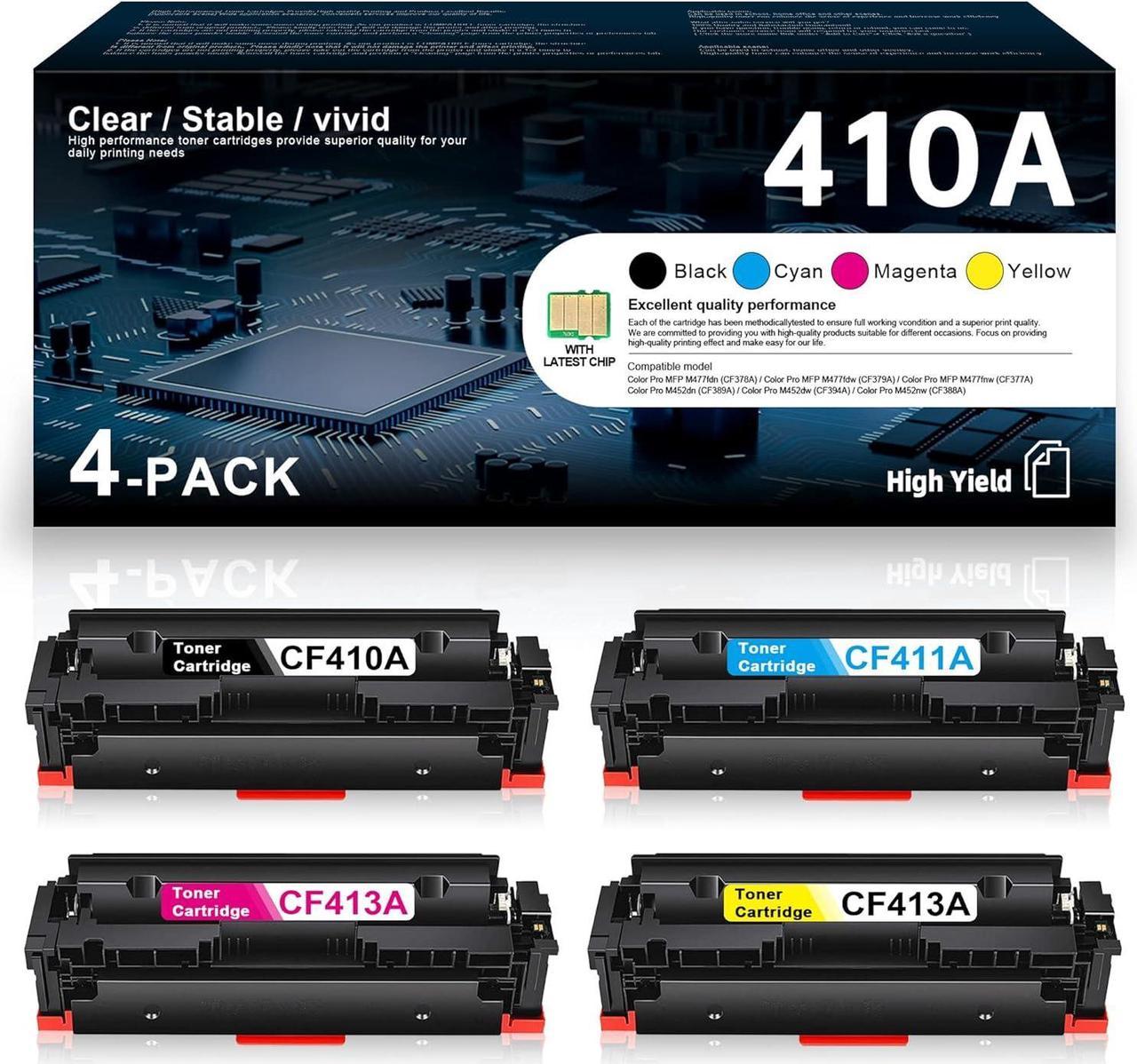 410A Toner Cartridge with Latest CHIP CF410A CF411A CF412A CF413A Replacement for HP 410A Toner Color Pro MFP M477fdn M477fdw M477fnw M452dn M452dw M452nw Printer Ink 4 Pack(Black Cyan Magenta Yellow)