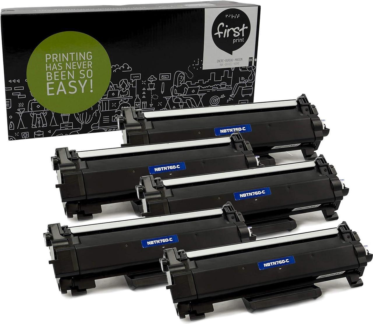 First Print 5 Pack Black Toner Cartridge Compatible for Brother TN-760 (TN-730), DCP-L2550DW, HL-L2350DW, HL-L2370DW, HL-L2370DWXL, HL-L2390DW, HL-L2395DW, MFC-L2710DW, MFC-L2730DW, MFC-L2750