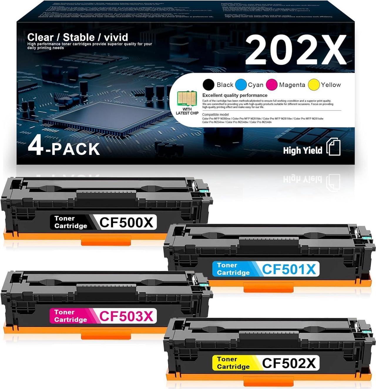 202X Toner Cartridge with Latest CHIP High Yield CF500X CF501X CF502X CF503X Replacement for HP 202X Toner Color Pro M254dw MFP M281cdw MFP M281fdw Printer Ink 4 Pack(Black Cyan Magenta Yellow)