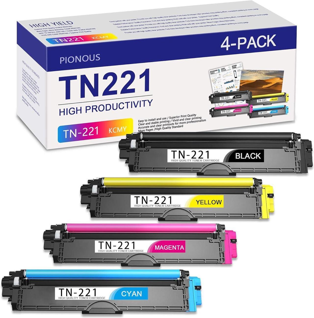 TN-221Y TN-221MTN-221C TN-221BK 4-Color Toner Cartridge Set High Yield Replacement for Brother TN 221 TN-225 TN225 MFC-9130CW HL-3170CDW HL-3140CW HL-3180CDW MFC-9330CDW Printer TN221 1BK/1C/1M/1Y