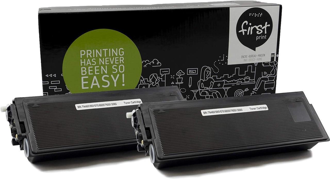 First Print 2 Pack Black Toner Cartridge Compatible for Brother TN-460 - for DCP-1200, DCP-1400, HL-1030 HL-1230 HL-1240, HL-1250 - Fax 8350P 8750P - IntelliFax 4750, 5750, 4100, 4750e, 5750e, 4100e,