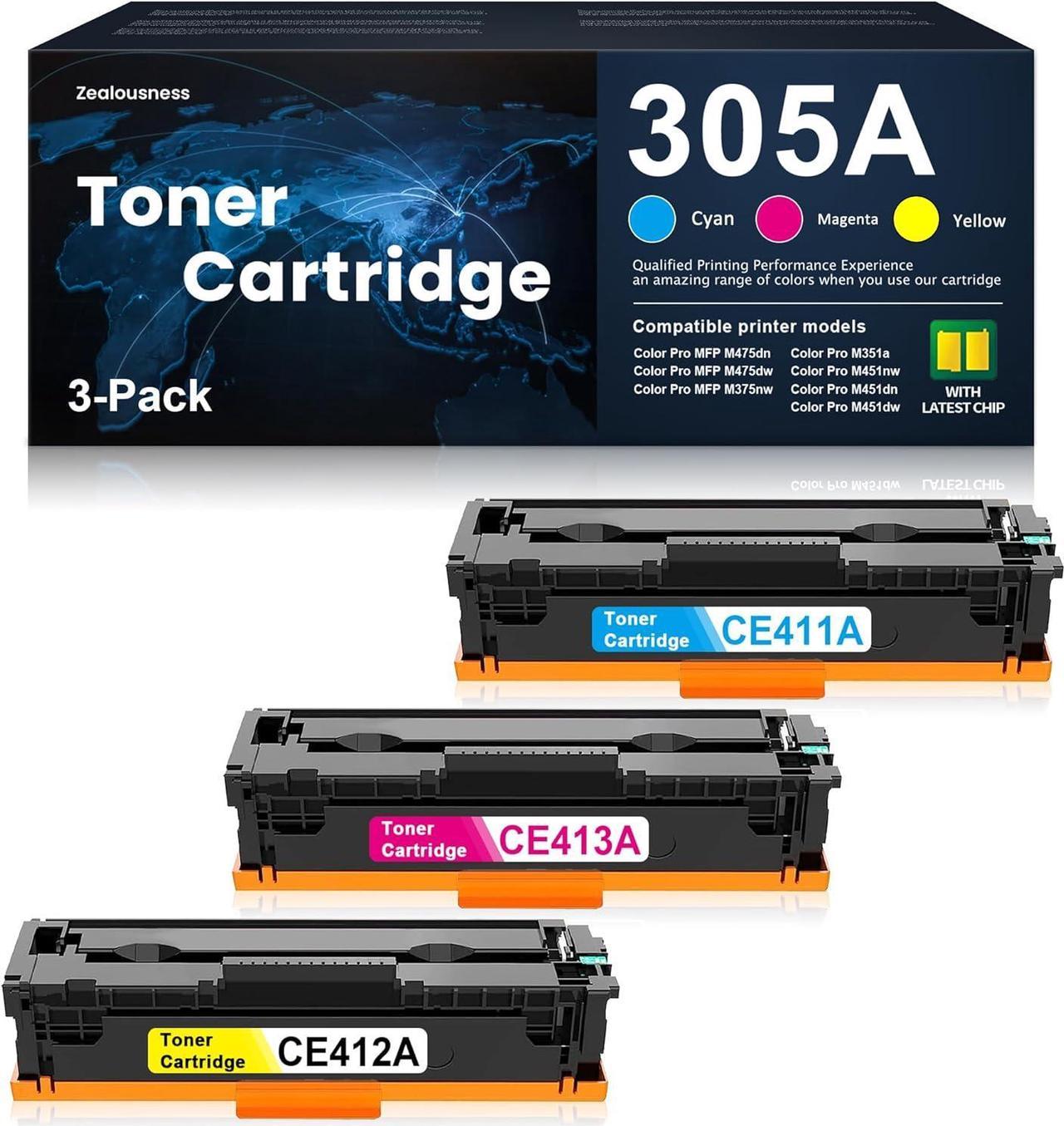 305A Toner Cartridge Remanufactured CE411A CE412A CE413A Cyan Yellow Magenta High Yield Replacement for HP 305A Pro 300 M351a 400 M451nw M451dn M451dw MFP M475dn M475dw M375nw Printer, 3 Pack