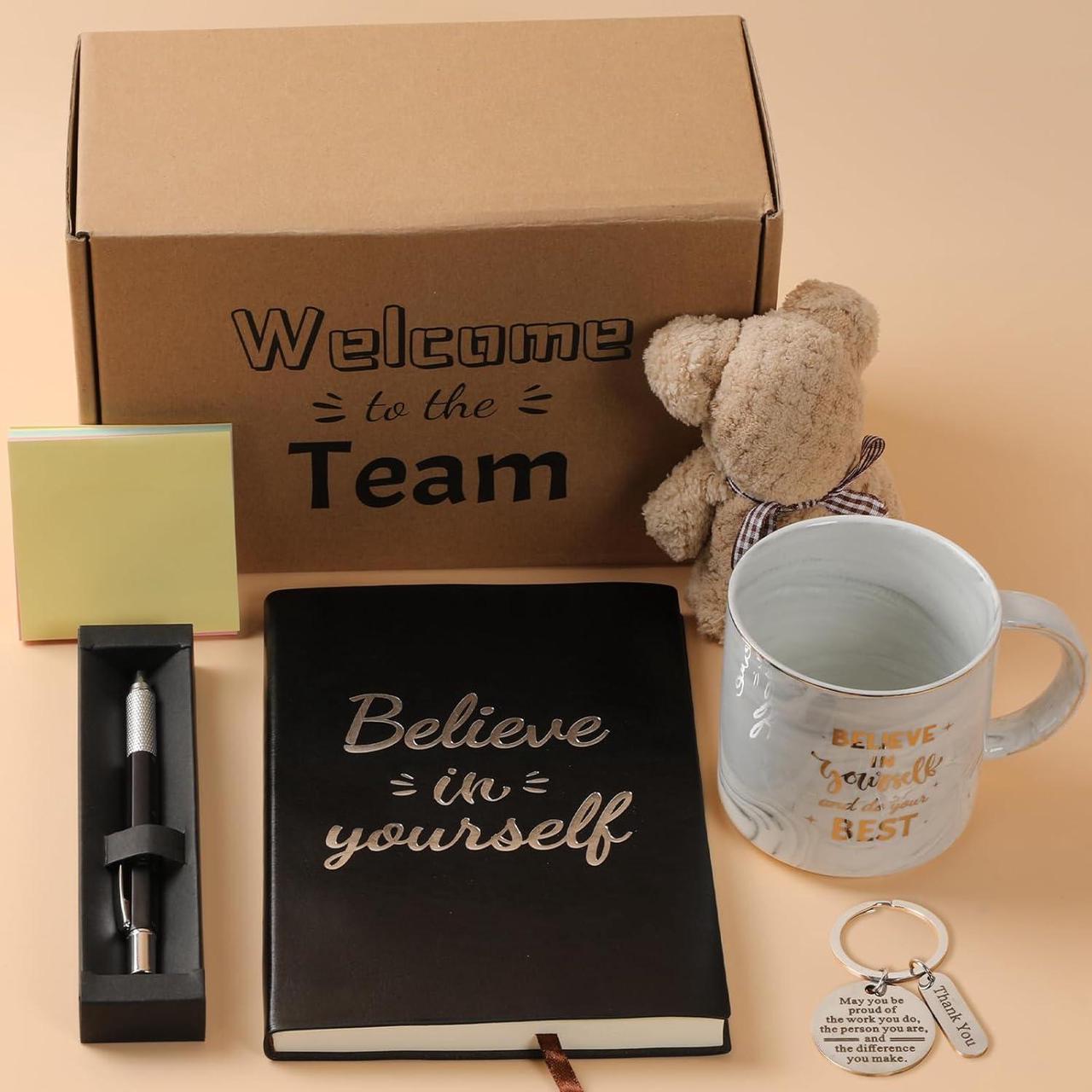 New Employee Welcome Gift Set Onboarding Kit Includes Grey Marble Coffee Mug Greeting Card Key Chain Multifunction Pen Notebook Post-it Note Bear Towel with Great Gift Box for Coworkers Friends