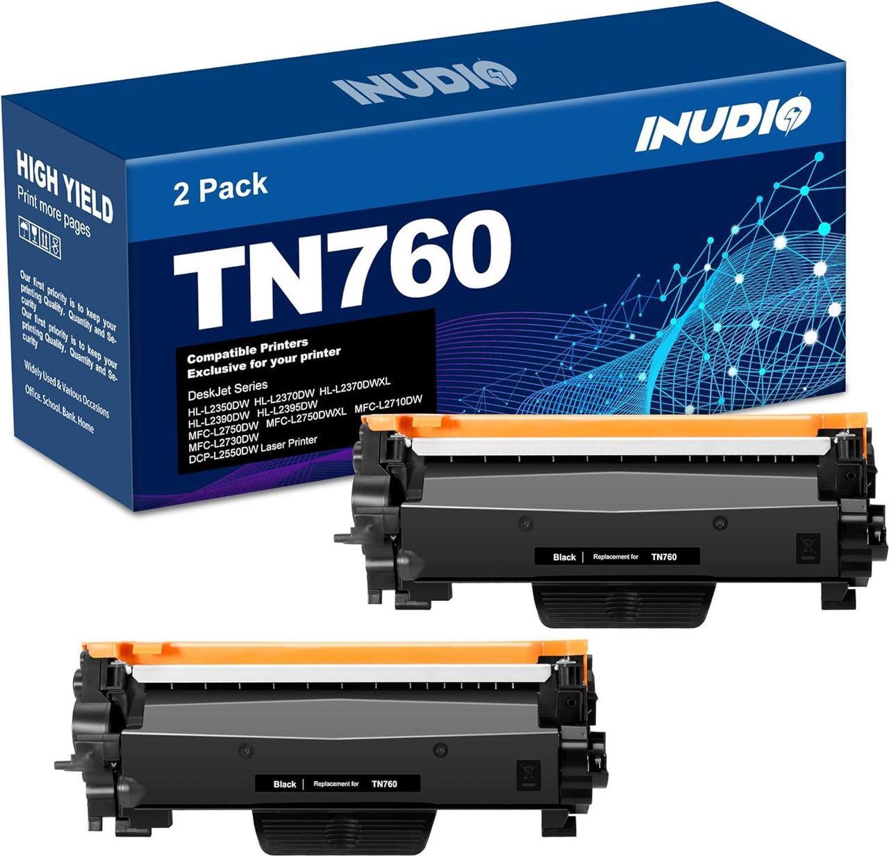 INUDIO Compatible Toner Cartridge Replacement for Brother TN760 to use with MFC-L2710DW MFC-L2750DW DCP-L2550DW HL-L2395DW HL-L2370DW HL-L2390DW Printers (Black, 2 Pack)