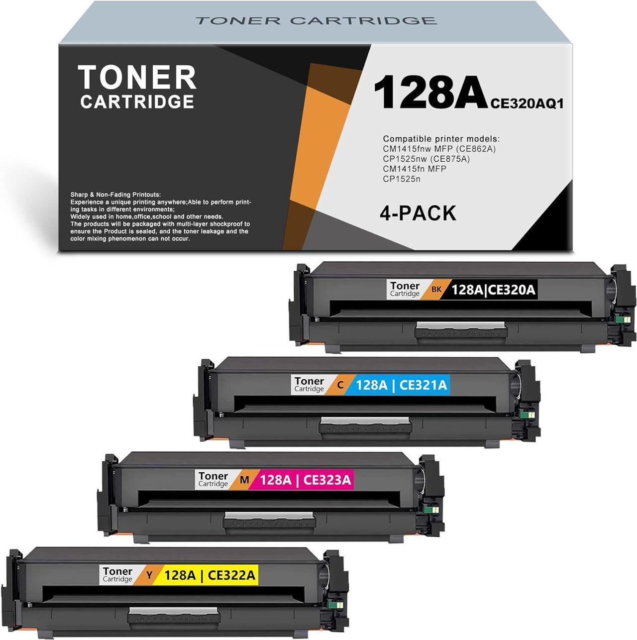 128A Black Cyan Magenta Yellow Toner Cartridges (4 Pack): Remanufactured Toner Cartridge Replacement for HP CE320A CE321A CE323A CE322A CM1415fn CM1415fnw MFP CP1525n CP1525nw Printer | CE320AQ1