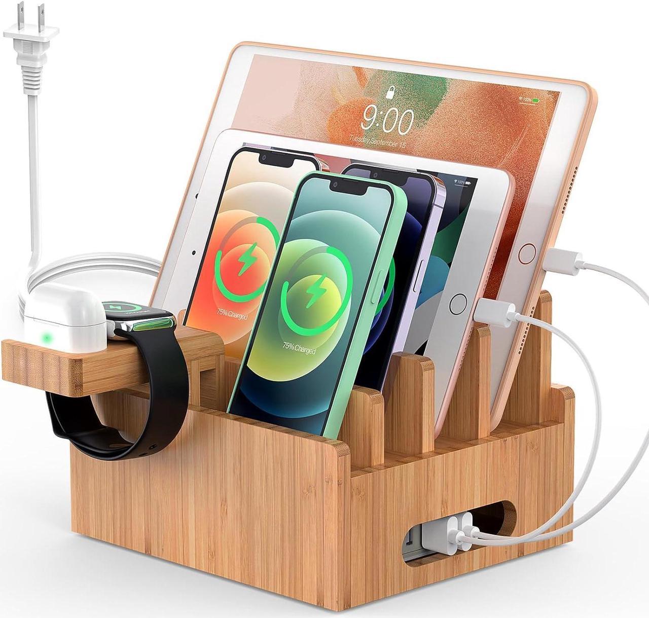 Bamboo Charging Station for Multiple Devices with 5 Port USB Charger, 6 Charger Cables,Watch and Earbud Stand; Pezin & Hulin Desk Wood Docking Stations Electronic Organizer