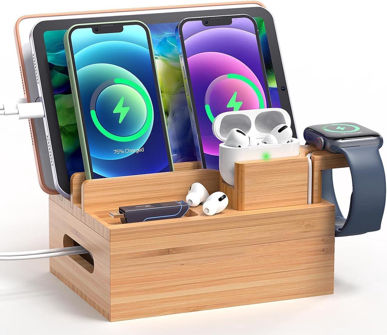 Bamboo Charging Station for Multiple Device, Pezin & Hulin Desktop Phone Docking Station Organizer, Included 6 Charging & Sync Cables, Watch & Earbud Stand (NO USB Charger)