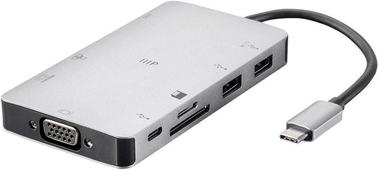 Monoprice 135510 USB-C Travel Dock - Silver with HDMI, VGA, Gigabit Ethernet, 2-Port USB 3.0, SD/MicroSD Reader, USB-C 100W PD 3.0 - Consul Series