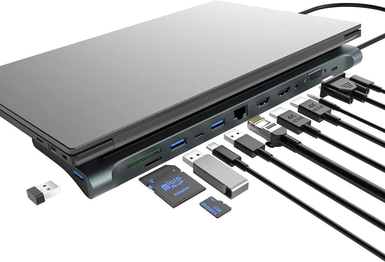 USB C Docking Station, 12 in 1 USB C Hub,Triple Monitor Type C to 2 HDMI + VGA Adapter, Laptop Docking Station Extended Display Multiport USB 3.0 SD/TF Audio for Dell, Surface, HP, Lenovo Laptops