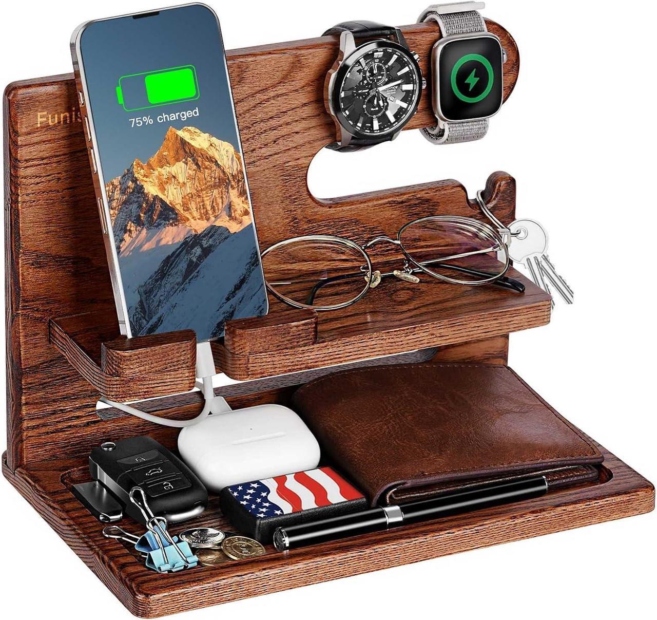 Funistree Gifts for Men Dad Christmas from Daughter Son, Ash Wood Phone Docking Station, Anniversary Birthday Gifts for Him Husband Boyfriend from Wife, Nightstand Organizer Graduation Gifts Ideas