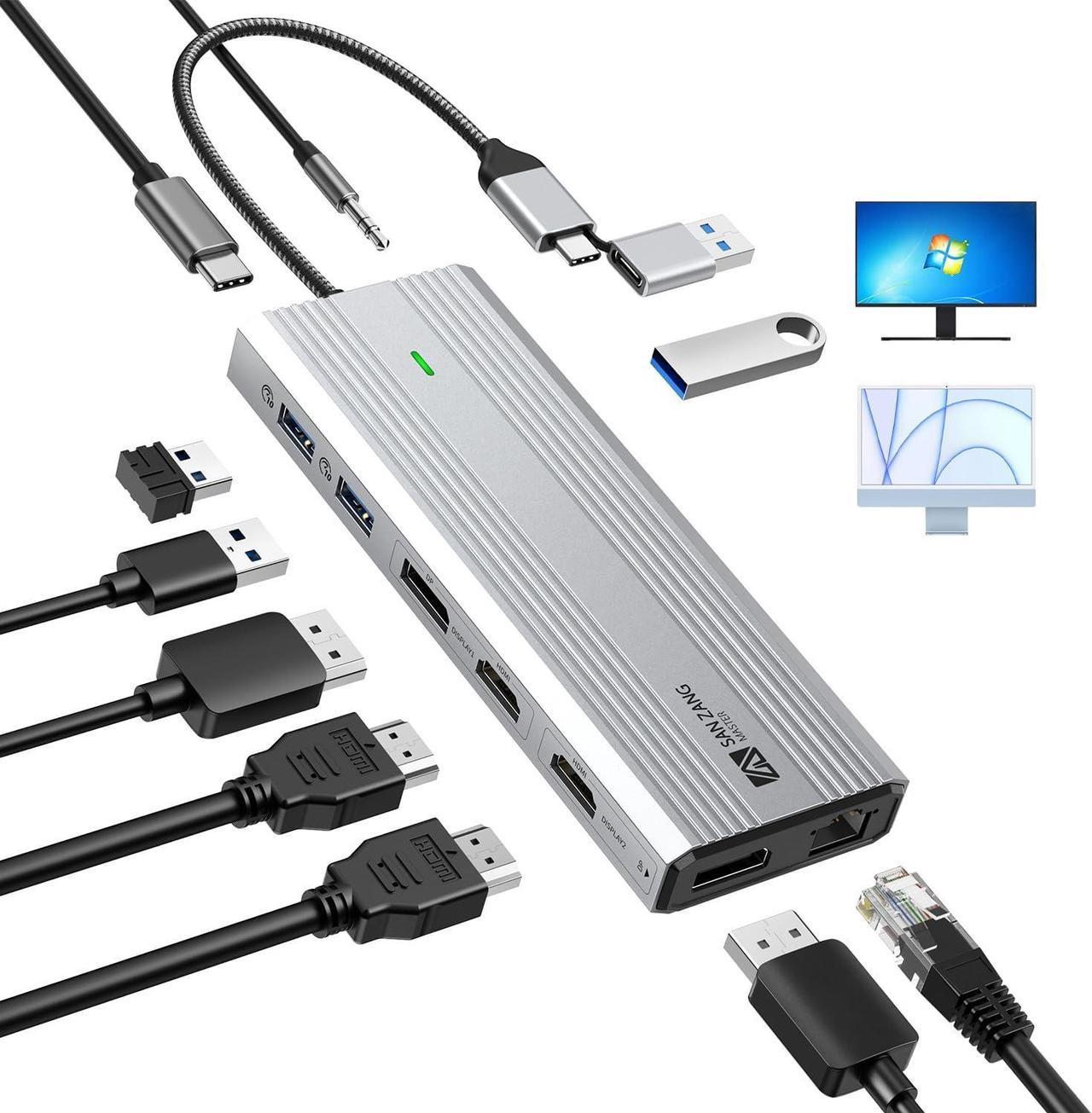 Displaylink Docking Station Dual Monitor,10 in 1 10Gbps USB C Hub Multiple Adapter for MacBook/Dell/HP/Surface/Lenovo Laptop Docking Station with 2 HDMI 4K,2 PD 4K, Ethernet,USB 3.2,Mic/Audio,100W PD