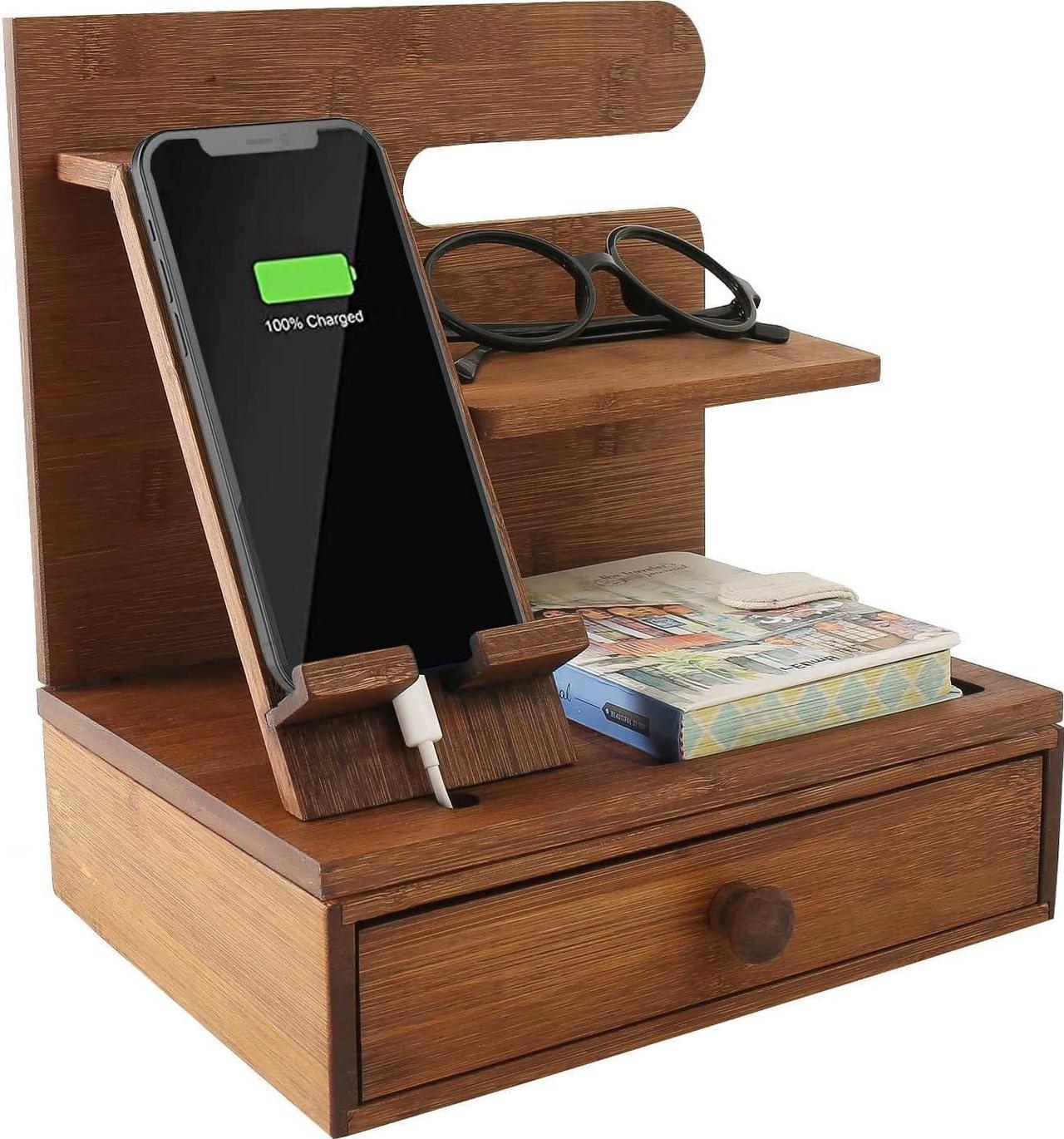 Bamboo Desktop Phone Docking Station with Drawer Nightstand Organizer Home&Office Multifunction Wallet Stand Glasses Watch Holder Gift Idea Men Husband Daddy Valentines Fathers Day Christmas Birthday