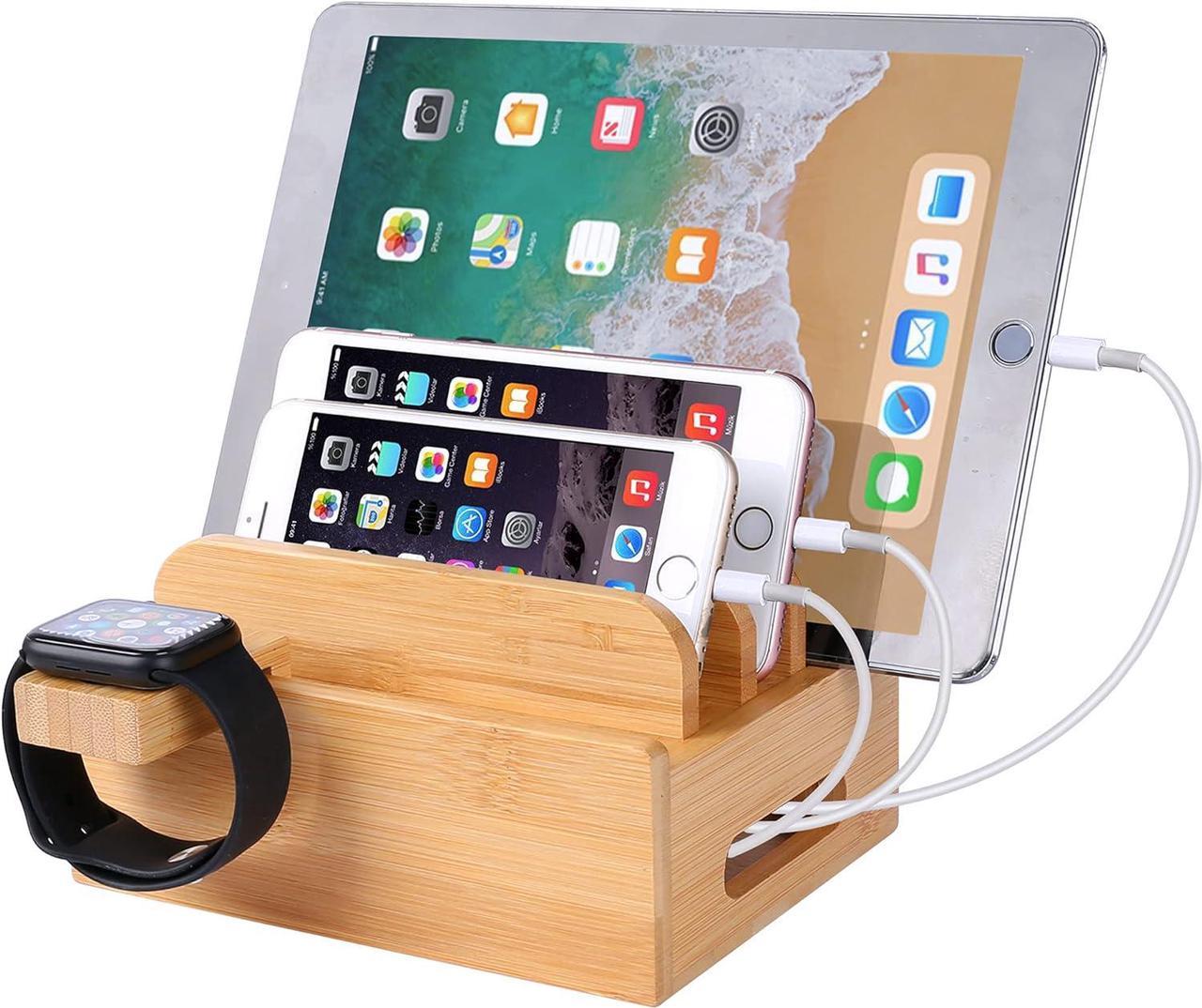 Bamboo Wood Desktop Organizer Charging Docking Station Charger Holder Cradle Charge Stand Compatible with iPhone 12 11 Pro Max XS XR X 8 7 6S 6 Plus iPad Apple Watch 2 3 4 iWatch Smartphones & Tablets