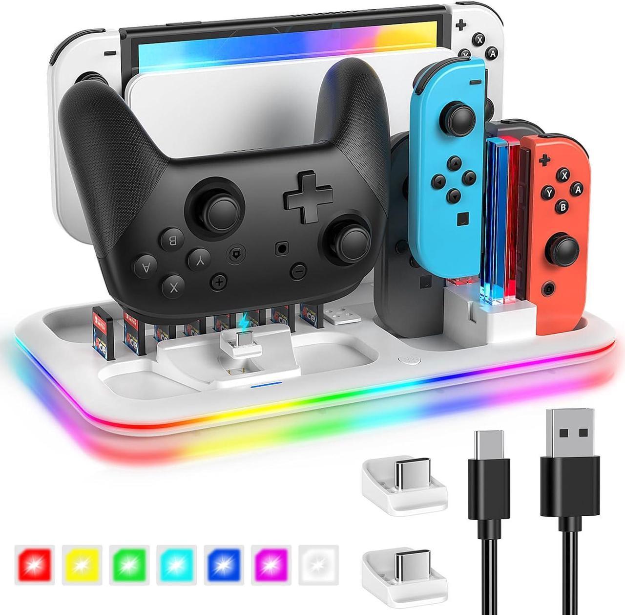 RGB Switch Controller Charger Dock Station for Nintendo Switch & OLED Model Joycon, Charging Docking Station Stand for 4 Joy Cons and Switch Pro Controller with LED Charging Indicator & 8 Game Slots