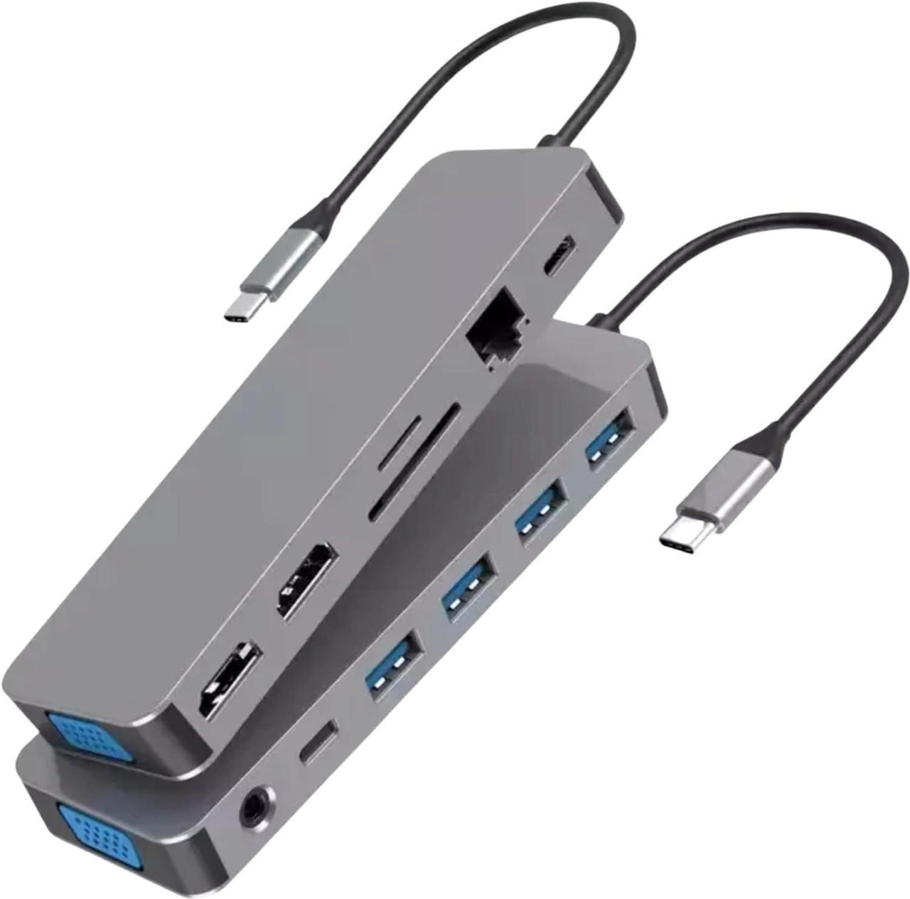 13 in 1 USB Type C Hub Multiport Adapter Dongle Docking Station Aluminium Dock 2 HDMI 4K, RJ45 Gigabit Ethernet,VGA,USB C 100W Charging/Data,3.5 Aux,4 USB 3.0,SD/TF Reader,Thunderbolt for USB C Device