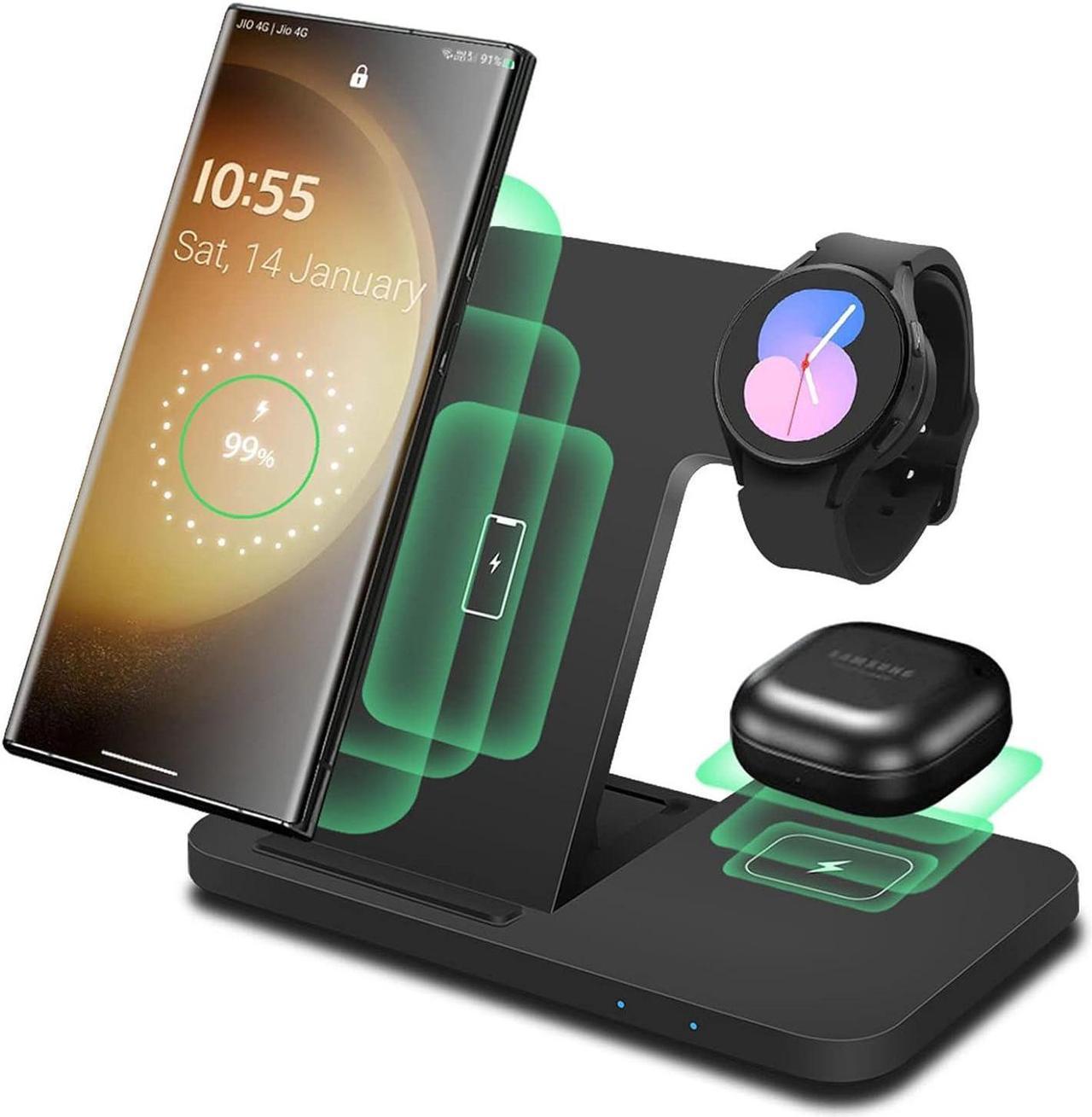 Wireless Charger 3 in 1,Foldable Fast Induction Charging Station for Samsung Galaxy Watch 6 classic/6/5 Pro/5/4/3,S23 S23+ S22 S22+ S21 S20 Ultra FE/Note/Z Flip Fold 5 4 3,Galaxy Buds-Black