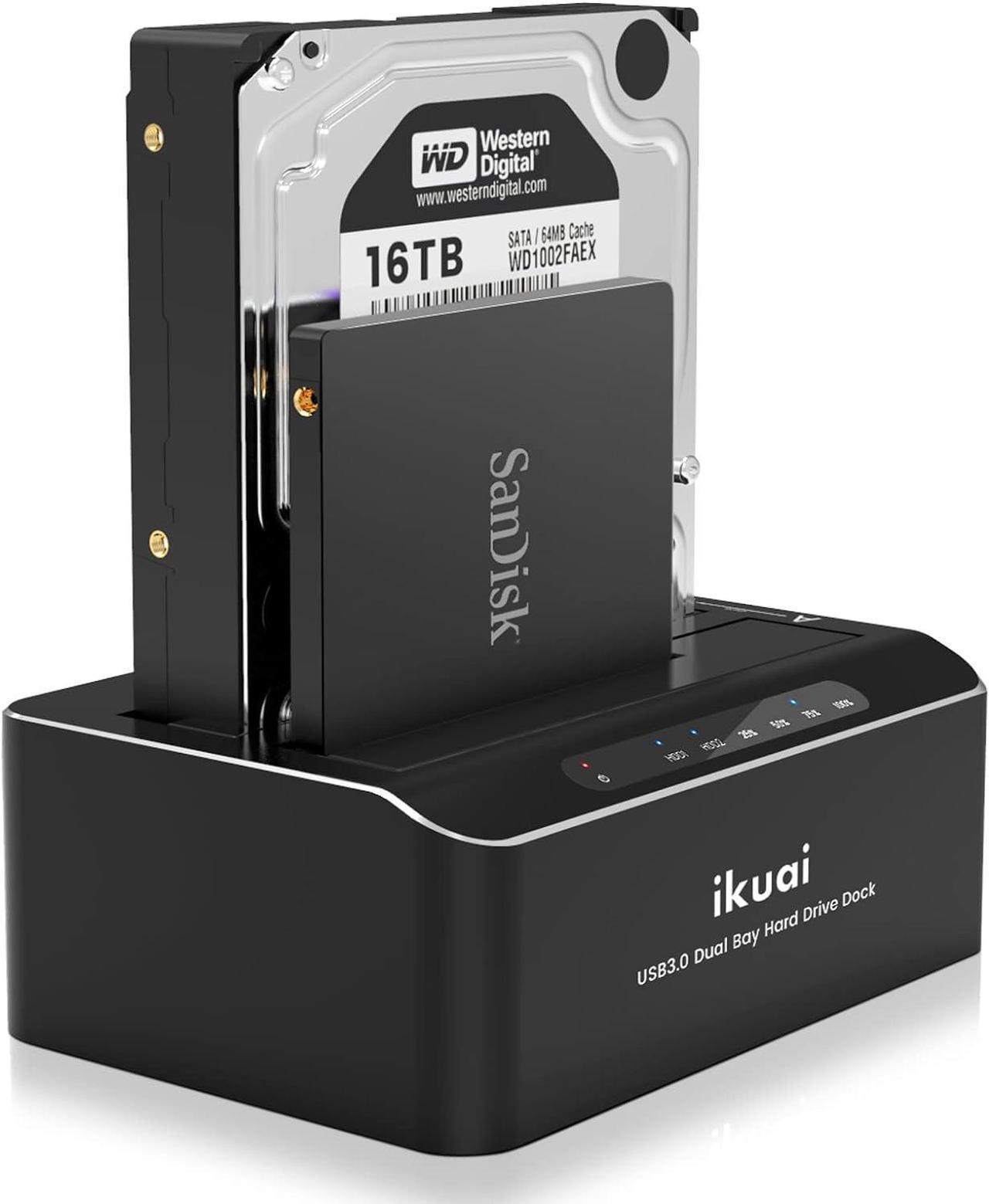 ikuai USB 3.0 to SATA Dual Bay Hard Drive Dock for 2.5"/ 3.5" SATA HDD SSD I/II/III with Offline Clone, Duplicator Function External Hard Drive Docking Station (UASP & 2x16TB Supported)