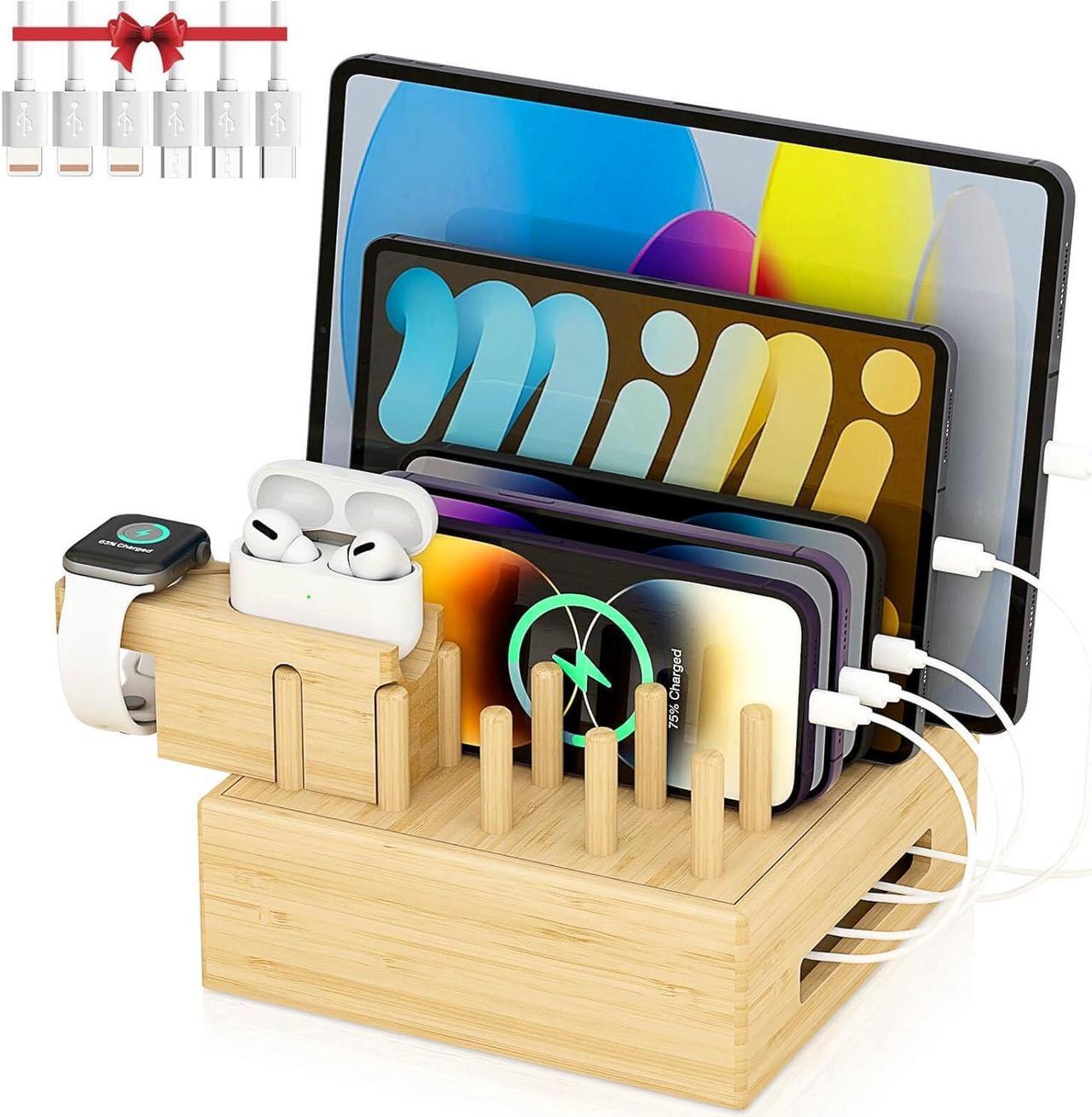 Bamboo Charging Station for Multiple Devices - Darfoo Charging Dock with a Watch-Earbud Stand and 6 Mixed Cables, Multiple USB Charger Station for Smartphone and Tablet