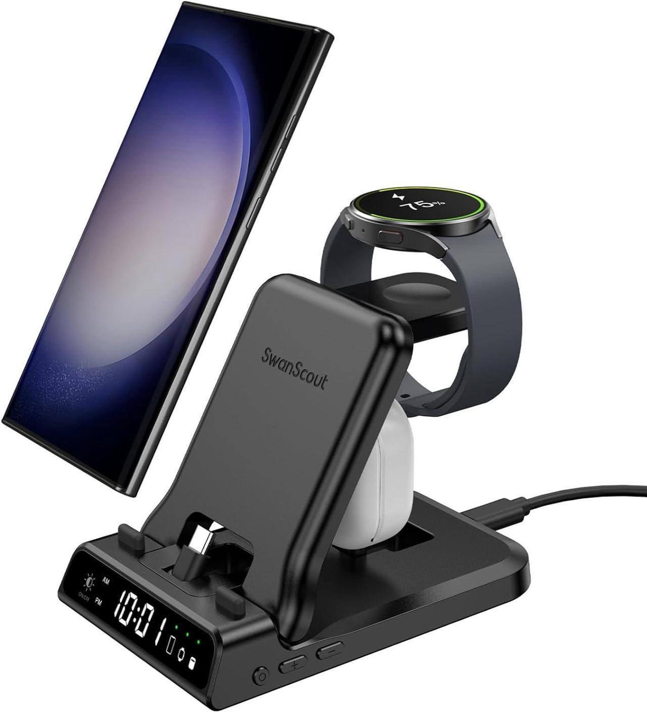 SwanScout Charging Station for Samsung, Foldable 25W 3 in 1 Super Fast Charging Dock Stand for Galaxy S23 Ultra/S22/S21/Z Flip 5/Z Fold 5/A54/A14/Buds, Samsung Watch Charger for Galaxy Watch 6/5/4/3