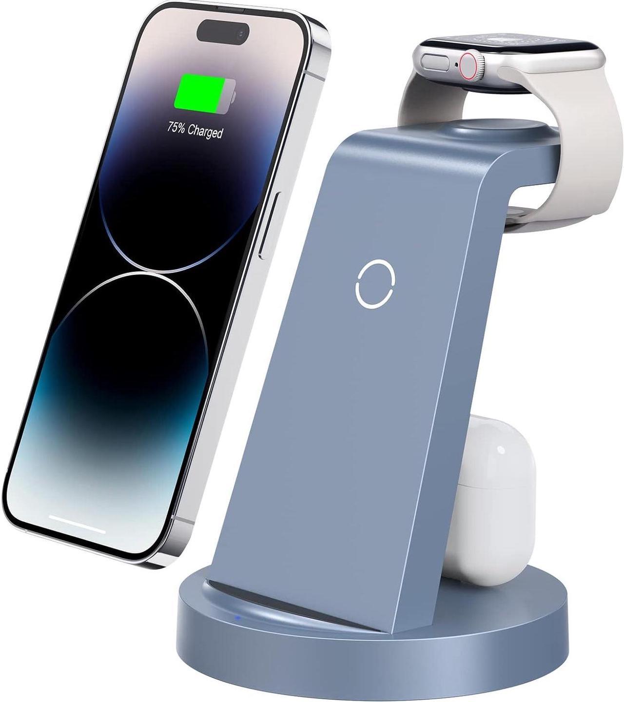 3 in 1 Charging Station for iPhone, Wireless Charger for iPhone 15 14 13 12 11 X Pro Max & Apple Watch - Charging Stand Dock for AirPods (Blue)