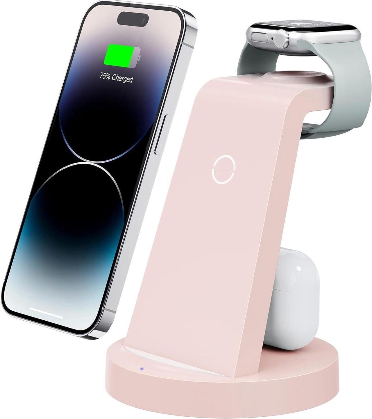 3 in 1 Charging Station for iPhone, Wireless Charger for iPhone 15 14 13 12 11 X Pro Max & Apple Watch - Charging Stand Dock for AirPods (Pink)