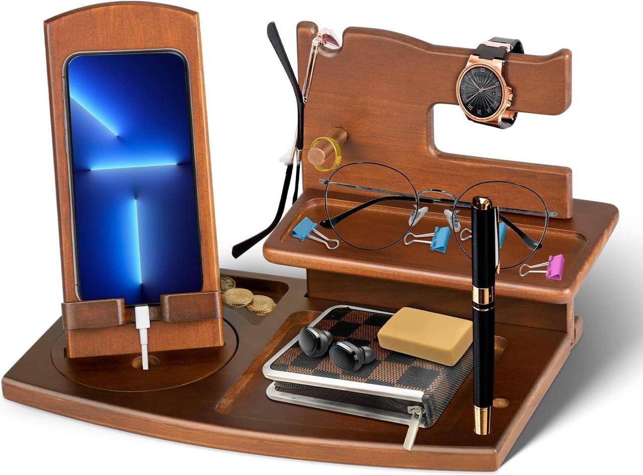 Gifts for Men Fathers Day Rotating Wood Docking Station with Key Hooks Watch Bedside Organiser Spectacle Purse Pen Stand Male Gadgets Gifts for Dad Husband Wife Mum Anniversary Birthday Gifts for Him