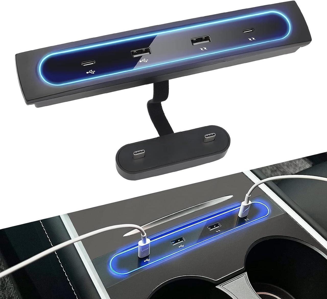 Foruly for 2021 2022 2023 Tesla Model Y 3 Accessories Docking Station 4 in 1 USB LED Hub, Compatible Docking \u200bStation \u200bof Center Console Smart Sensor for Tesla Black