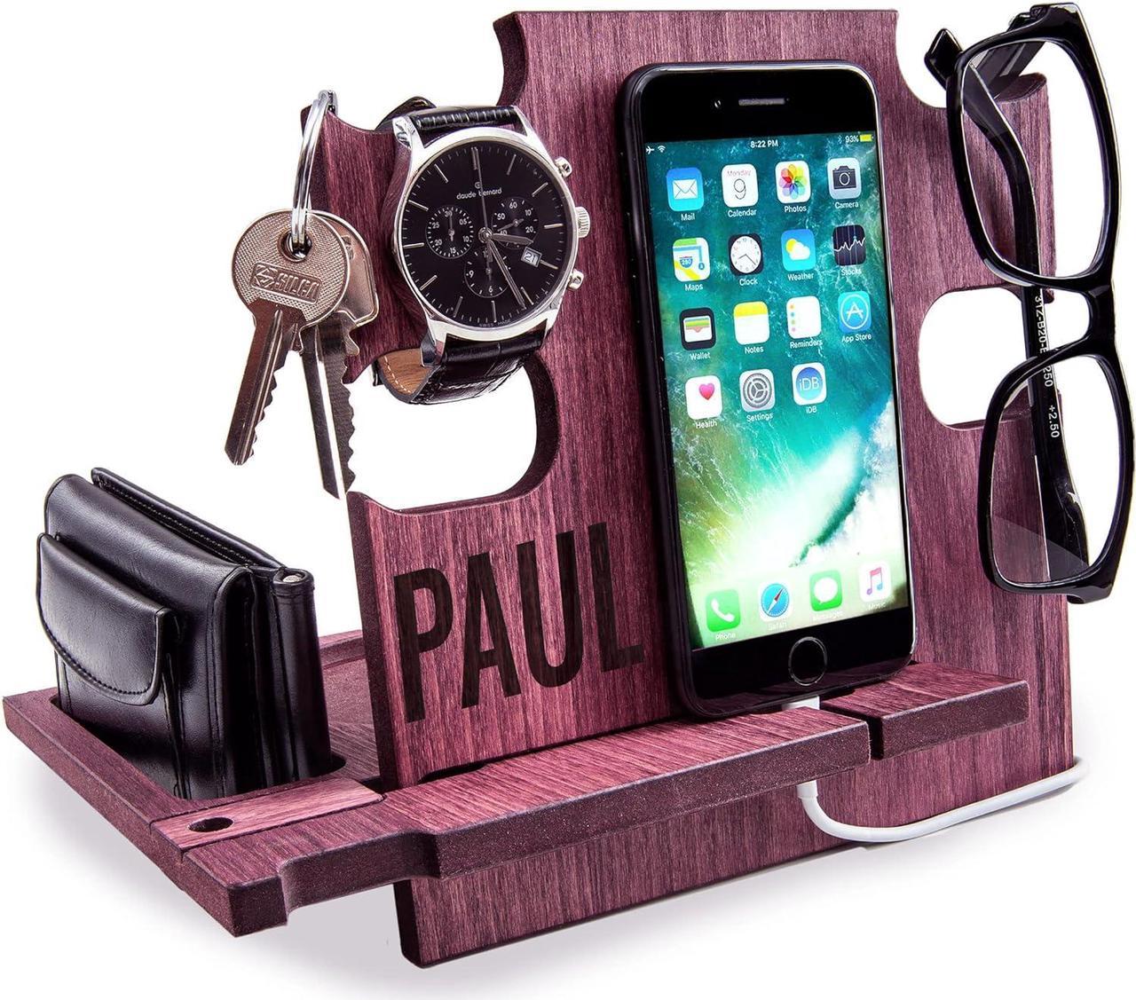 Personalized Gifts for Men, Cell Phone Stand, Wooden Desk Organizer, Phone Dock - Nightstand Charging Station, Phone Holder, Gift Ideas for Christmas, Birthday, Anniversary (Rosewood)