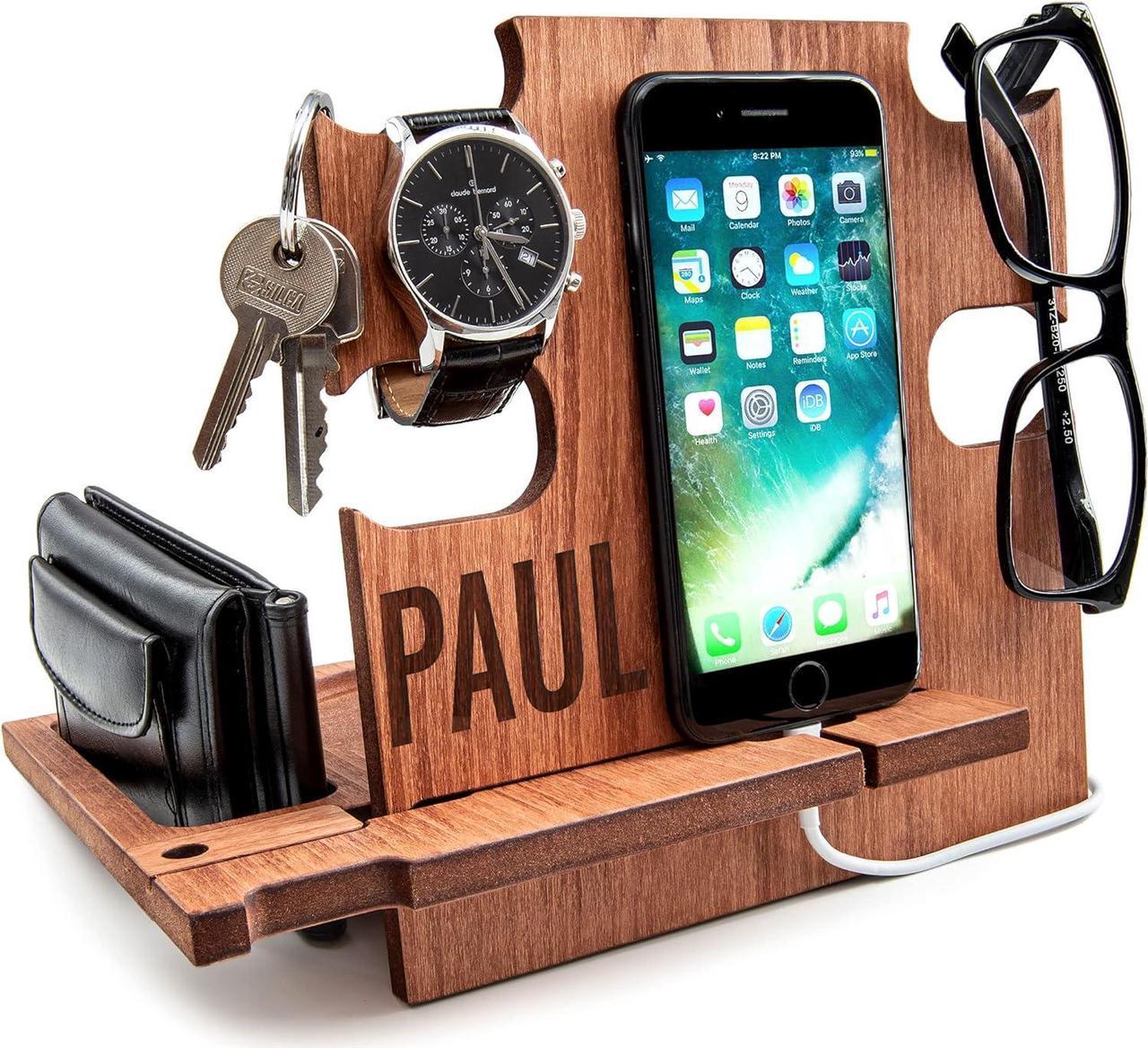 Personalized Gifts for Men, Cell Phone Stand, Wooden Desk Organizer, Phone Dock - Nightstand Charging Station, Phone Holder, Gift Ideas for Christmas, Birthday, Anniversary (Walnut)