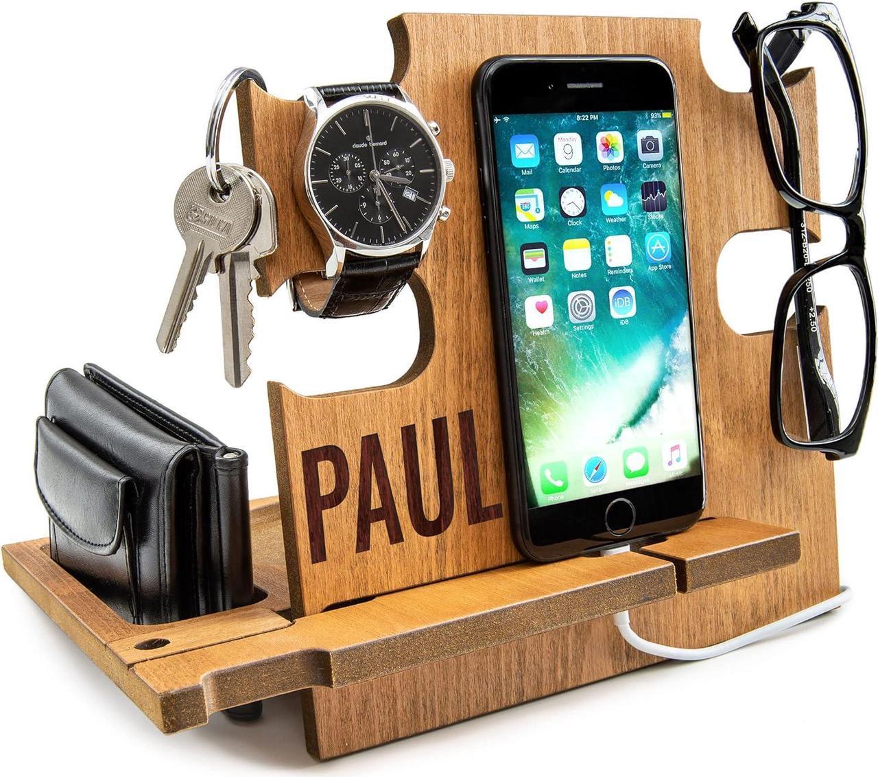 Greta Oto Personalized Wood Phone Docking Station Gift For Men Bedside Nightstand Charging Station Organizer Mens Accessories Phone Stand Anniversary Birthday Gifts For Dad Him Husband