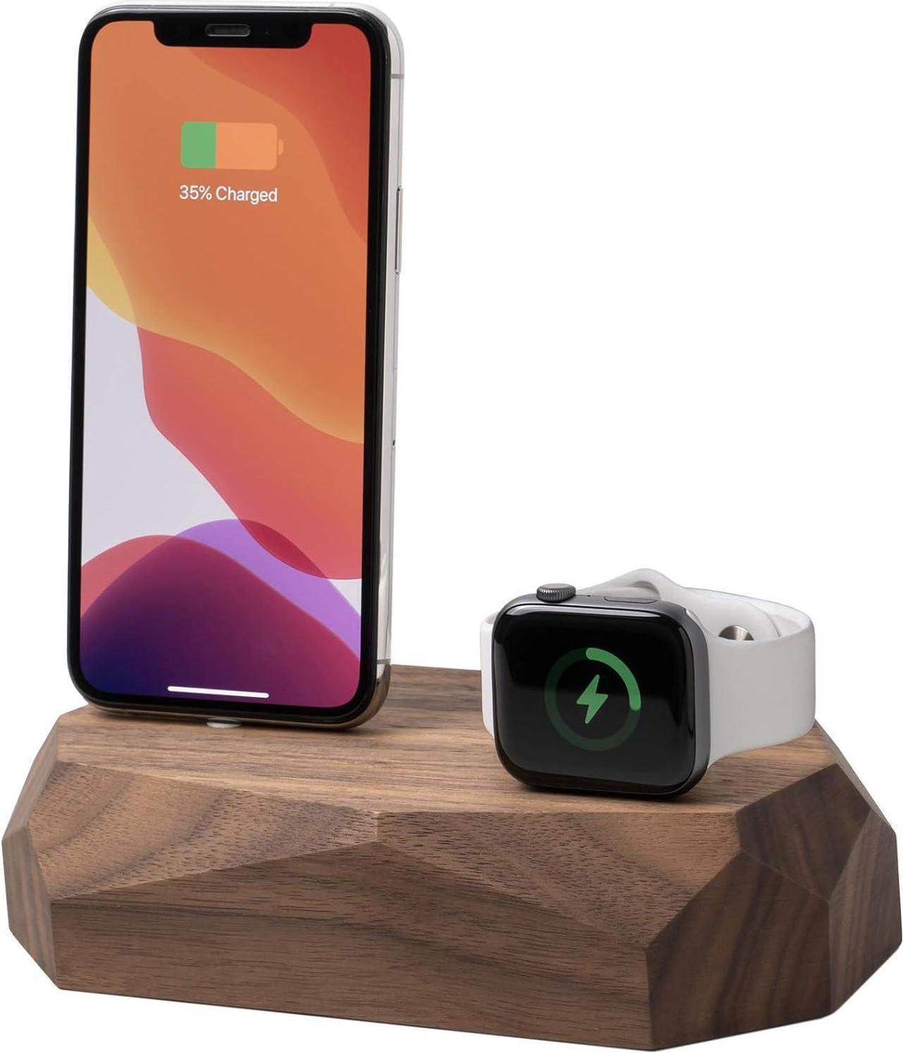 Oakywood Solid Wood Combo Dock Compatible with iPhone and Apple Watch, for 2 Apple Devices, Cord Lincluded, Wooden Docking Station Stand, Handcrafted, Natural Wood. Hand Polished, Walnut