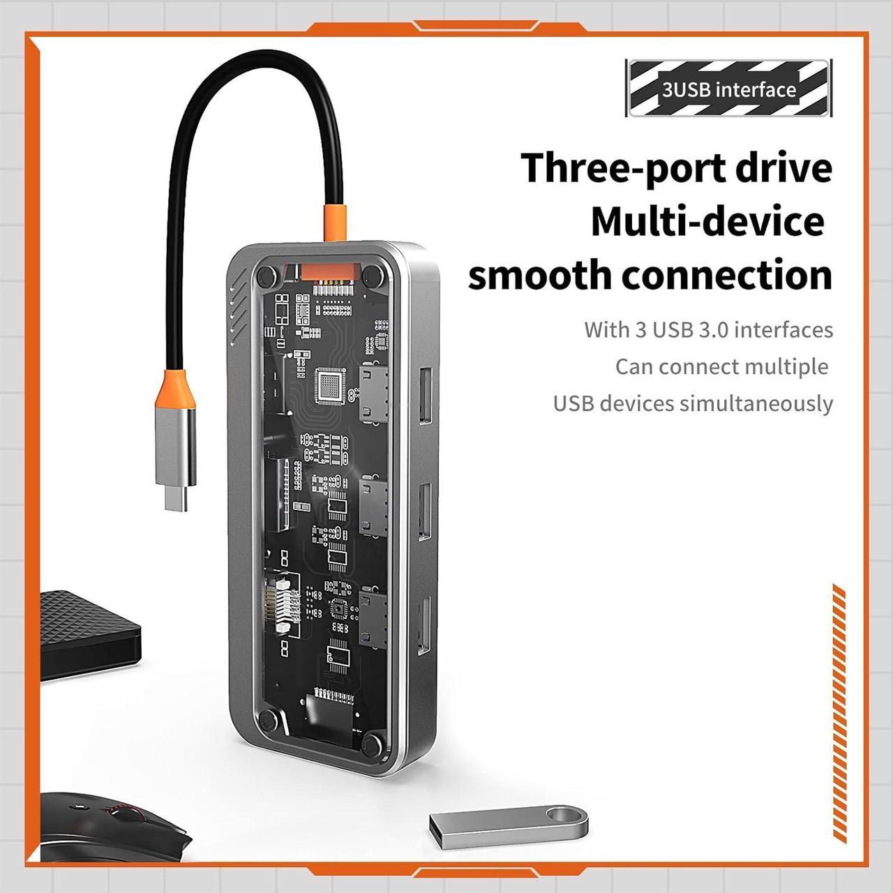 Alt view image 4 of 7 - USB C Transparent Docking Station, Laptop Hub with 1 HDMI, 3 USB 3.0,PD, SD, TF, 10 in 1 USB C Hub Suitable for Devices with USB C Interface