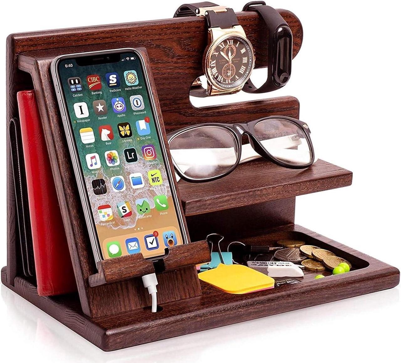 Wood Phone Docking Station Ash Key Holder Wallet Stand Watch Organizer Men Gift Husband Wife Anniversary Dad Birthday Nightstand Purse Father Graduation Male Travel Idea Gadgets