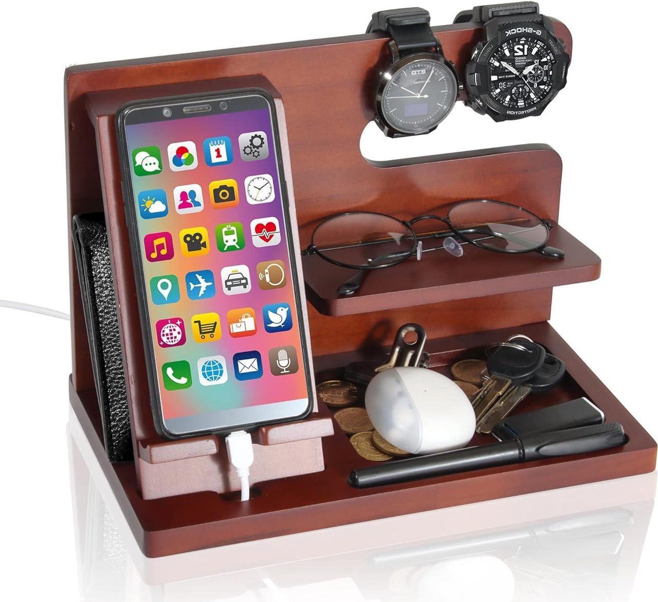 Wood Cell Phone Charge Docking Station Ash Key Wallet Holder Watch Stand Glasses Holder Purse Organizer Nightstand Men Husband Wife Anniversary Dad Birthday Gift Father Male Graduation Idea Gadgets