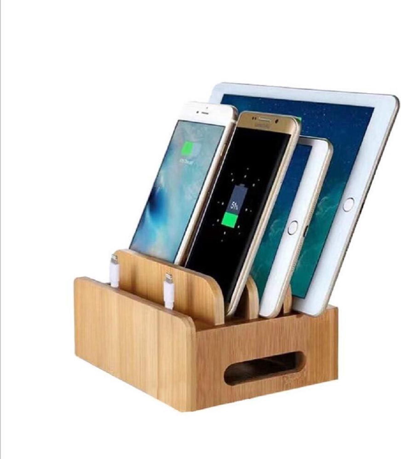 Bamboo Charging Station for Multiple Devices, Wood Docking Stand Organizer Multi Use for Phones, Tablets and Stationery (Hub, Without USB Charger)