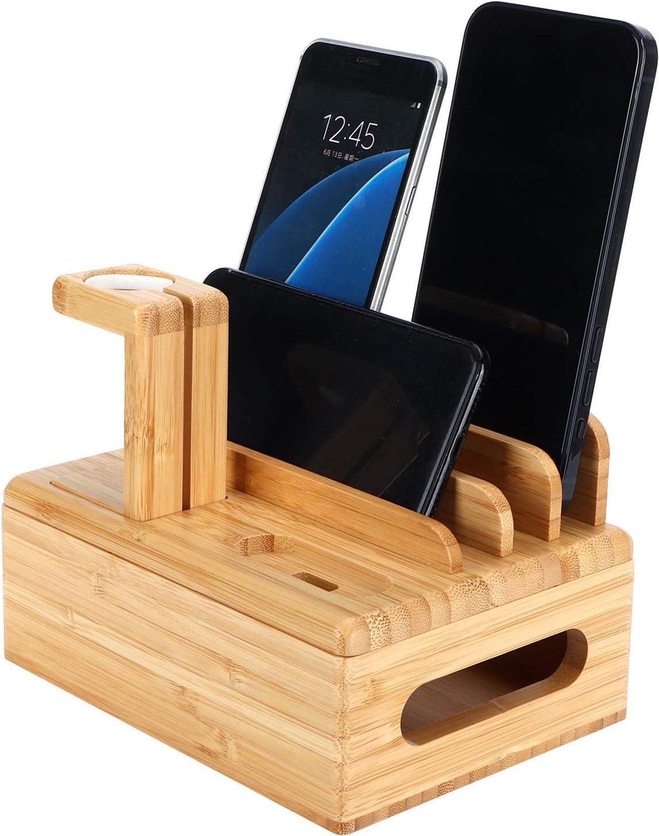 Bamboo Charging Station, Wooden Cell Phone Organizer Desktop Docking Stations Organizer Multiple Device Holder for USB Cables & Smartphones