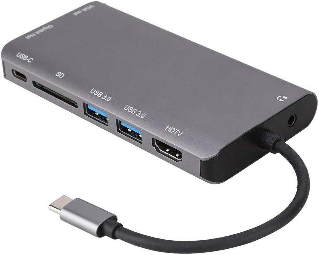 Type-C USB Hub, 8 in 1 USB3.0x2+HDMI/VGA+Jack 3.5+Gigabit Network LAN+Type-C(Pd) Port Adapter Charging Docking Station for Notebook Laptop