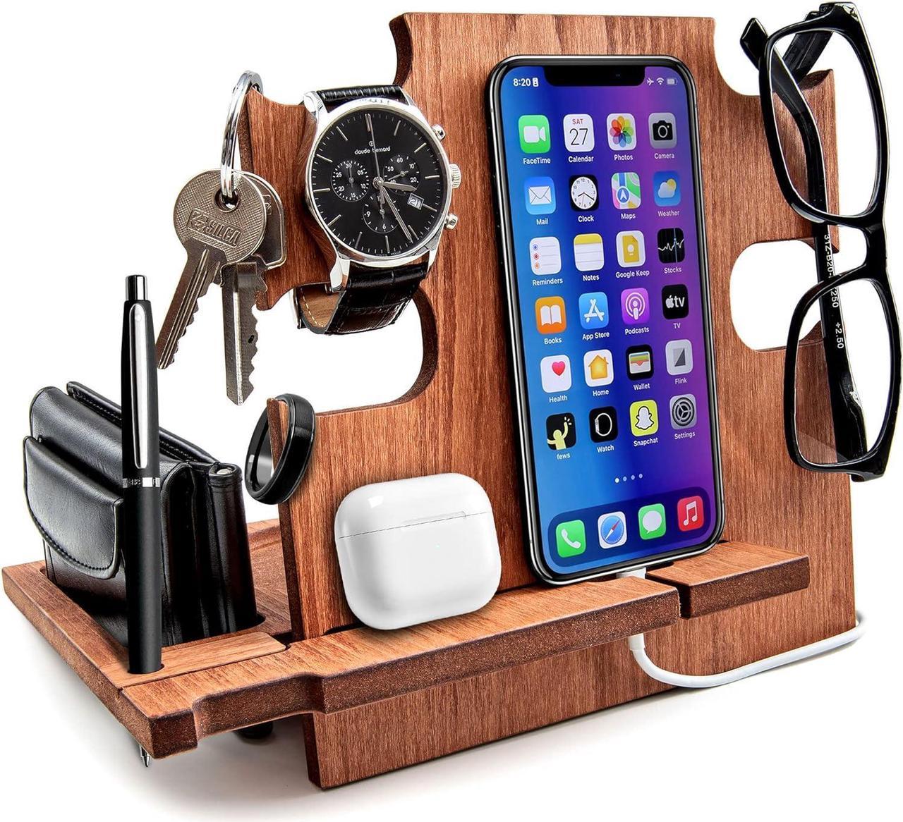 Docking Station, for Men, Gift for Him - Wooden Desk Organizer, Cell Phone Stand, Gift for Dad