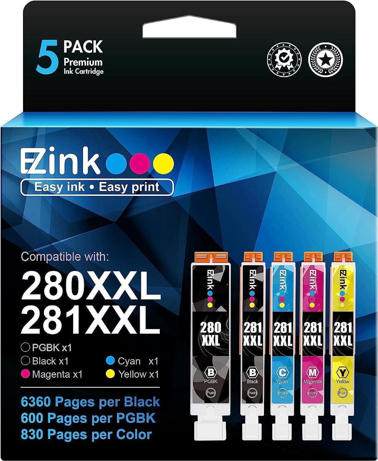 E-Z Ink (TM) Compatible Ink Cartridge Replacement for Canon PGI-280XXL CLI-281XXL PGI 280 XXL CLI 281 XXL for PIXMA TR7520 TR8520 TS6120 TS8120 TS9120 (1 PGBK,1 Black,1 Cyan,1 Magenta,1 Yellow) 5 Pack