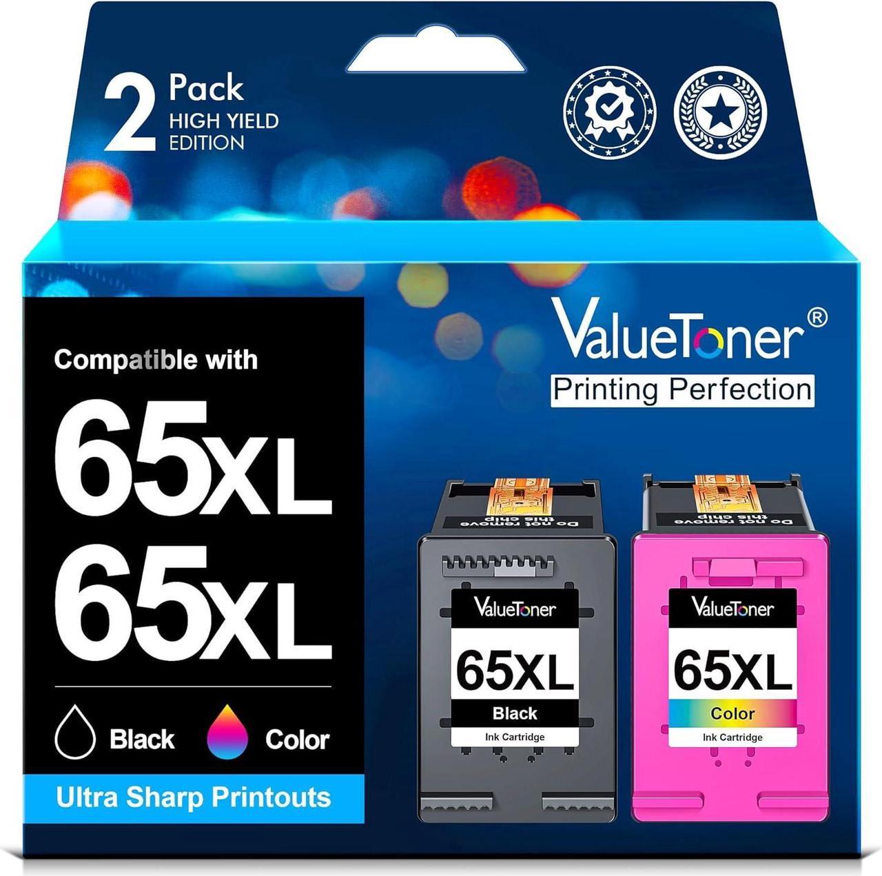 Valuetoner Remanufactured Ink Cartridges Replacement  65XL Ink Cartridge Combo Pack 65 XL for Envy 5055 5052 5058 DeskJet 3755 2655 3720 3722 3723 3752 3758 2652 2624(1 Black, 1 Color)